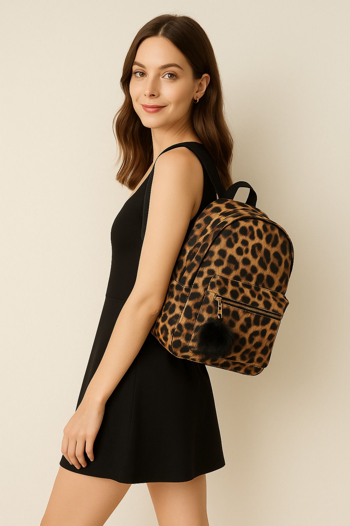 Satuna Leopar Desenli Mini Kadın Sırt Çantası – Günlük Kullanıma Uygun, Ponpon Detaylı Trend Model