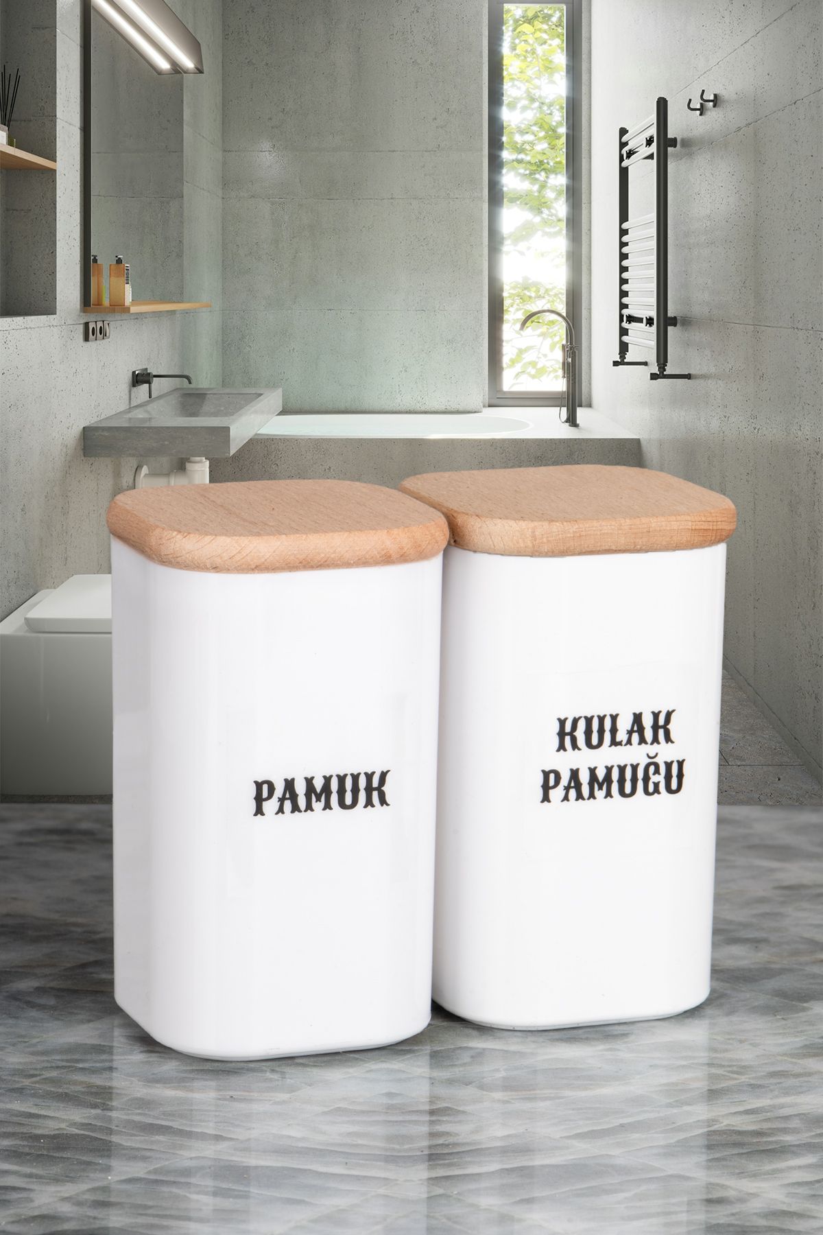 naturelove 2'li Doğal Ahşap Vakumlu Kapaklı Porselen Görünümlü Akrilik Pamuk, Kulak Pamuğu Seti