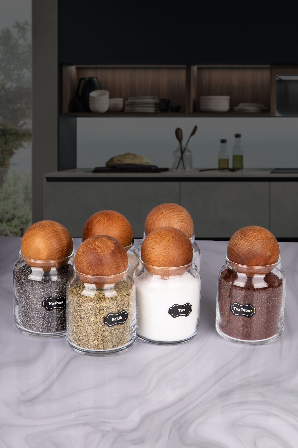 naturelove 6'Lı Doğal Ahşap Top Kapaklı Cam Baharatlık 300 ML Etiket Hediyeli