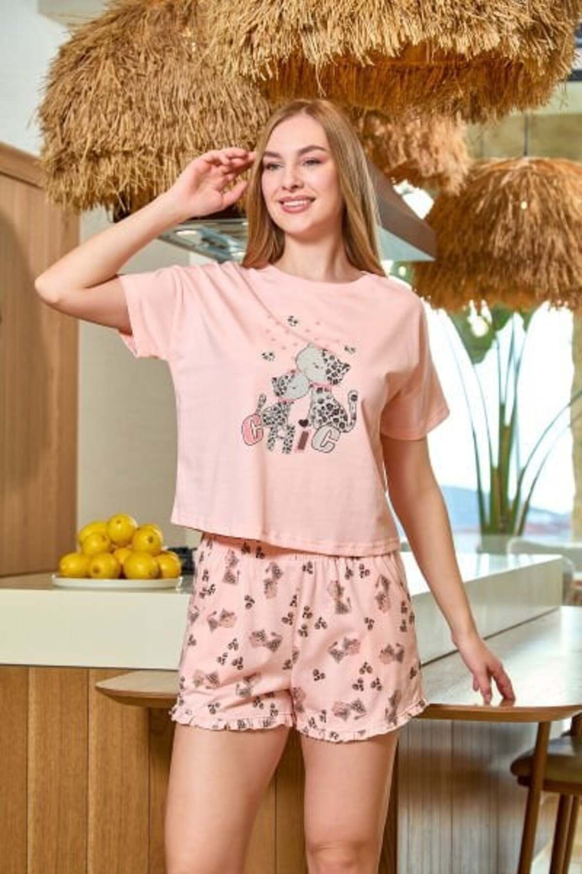 Cossy By Aqua Kadın Pudra Baskı Detay Kısa Kol Pijama Şort Takım 25503
