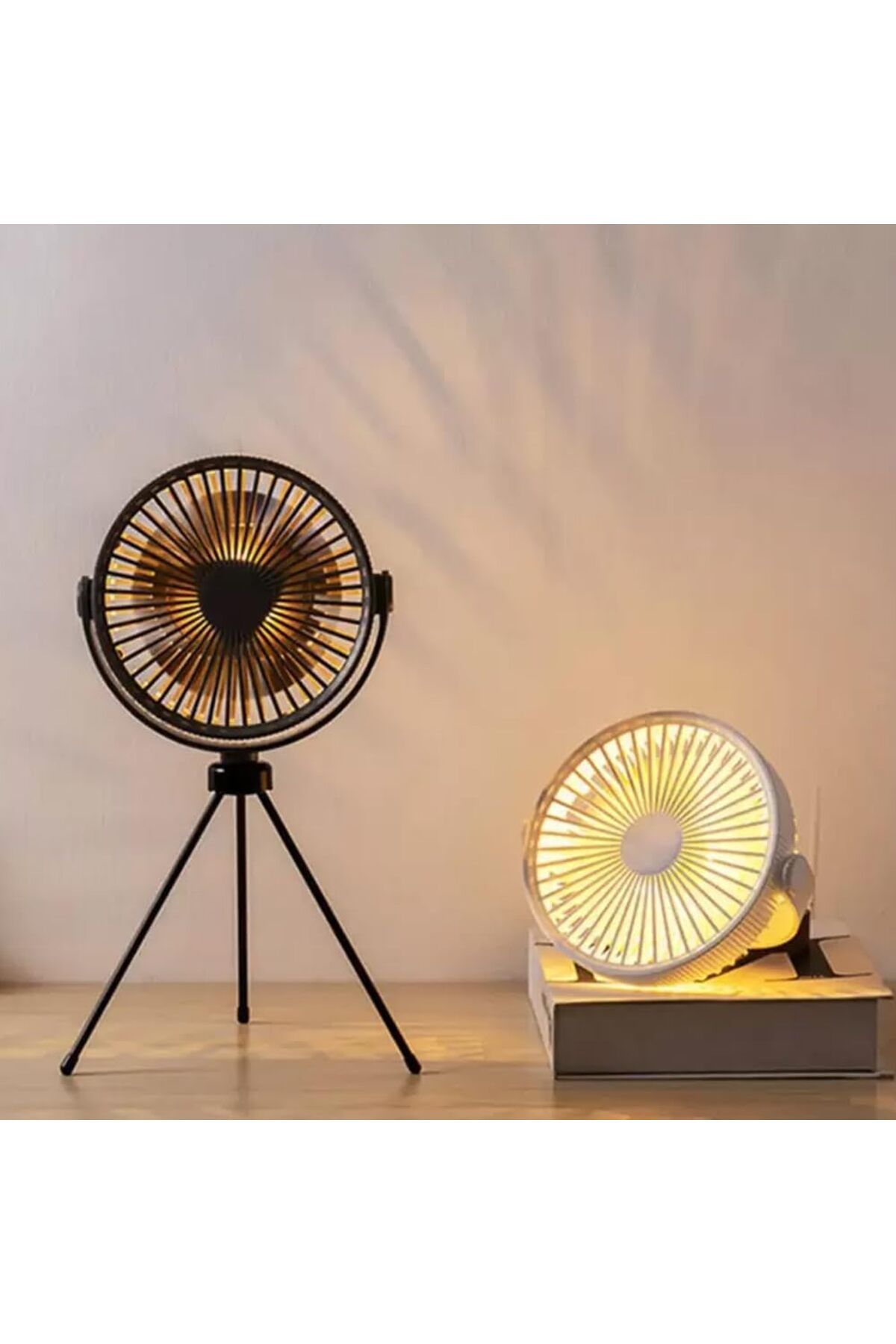 Yellowtech Tripodlu Masa Tipi LED Işıklı Kamp Fanı | Asılabilir, Şarjlı, Sessiz, Çok Fonksiyonlu