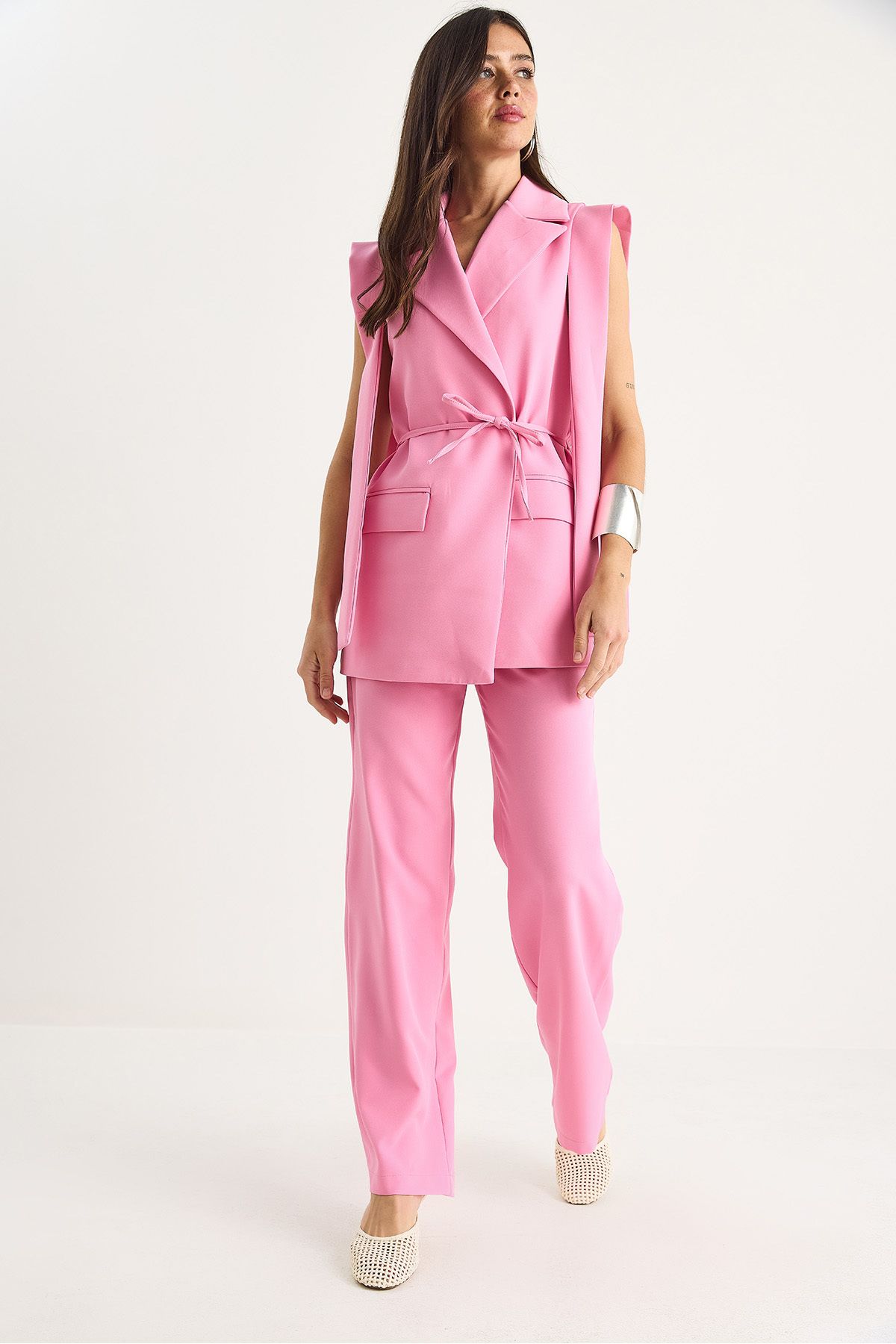 Bianco Lucci-Women's Tie-Up Blazer Vest Palazzo Pants Double Bottom-Top Suit 8005 60283415 4