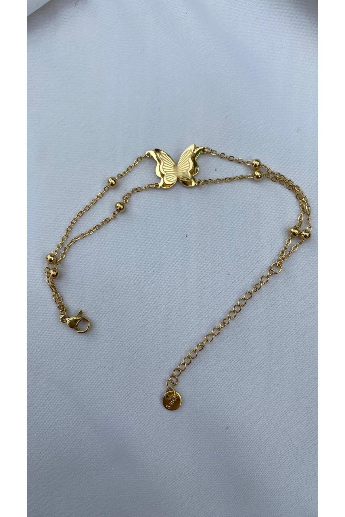Butik Kelebek Detaylı Çelik Bileklik (Gold)