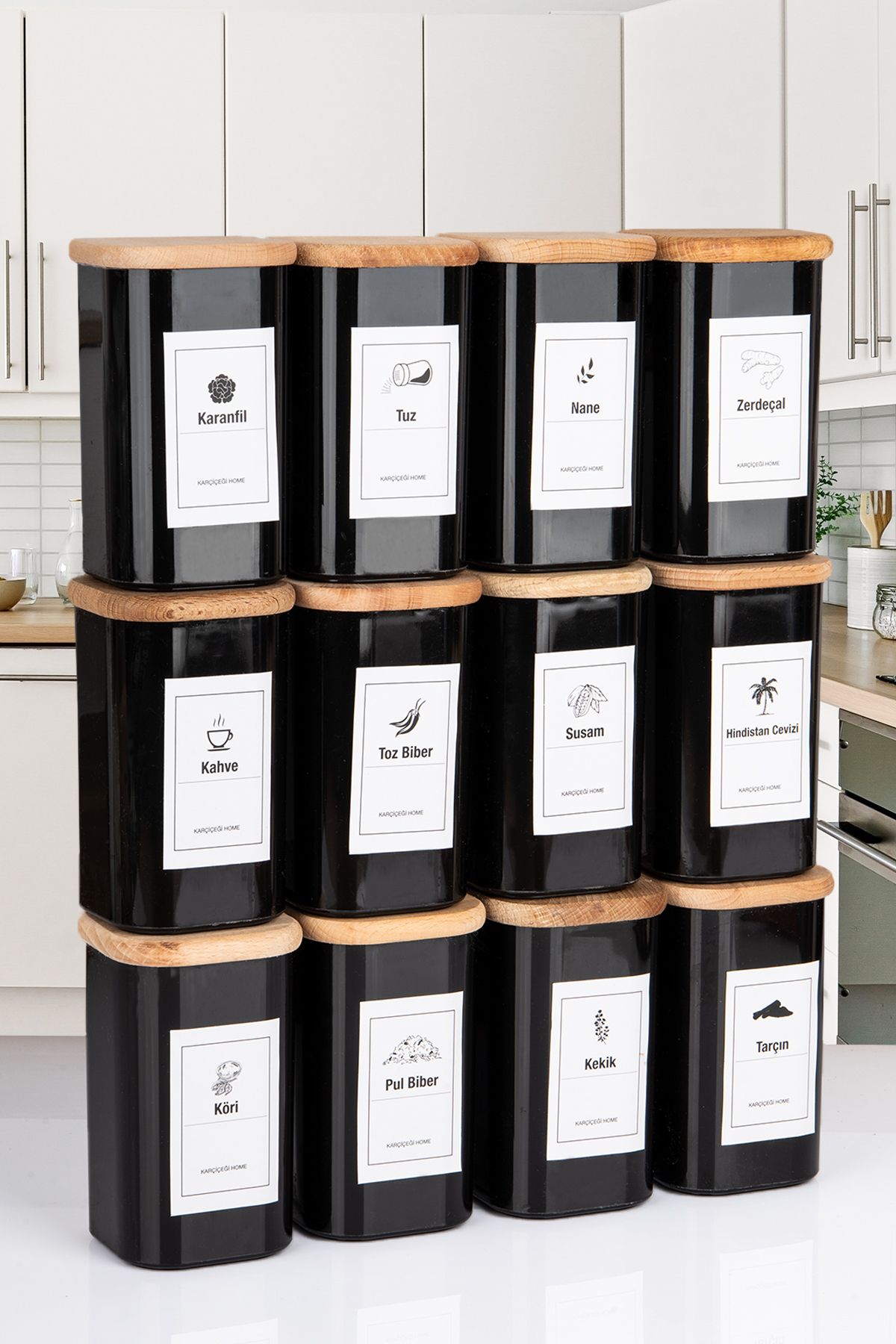 naturelove 12'Li Doğal Ahşap Vakumlu Kapaklı Siyah Model Akrilik Baharatlık 300ML Etiketli