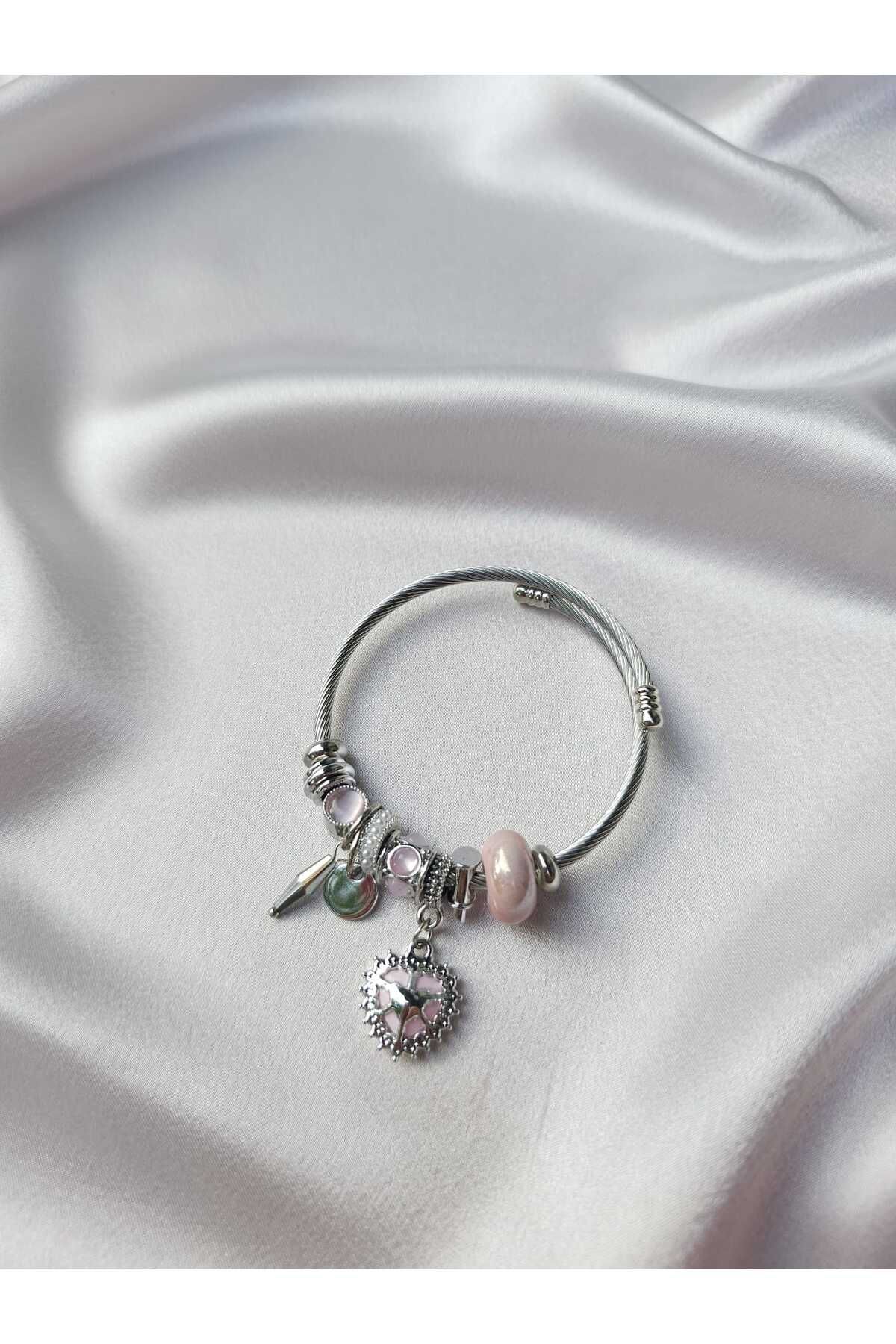 E&G Bijuteri Aksesuar Çelik pembe kalpli charm bileklik