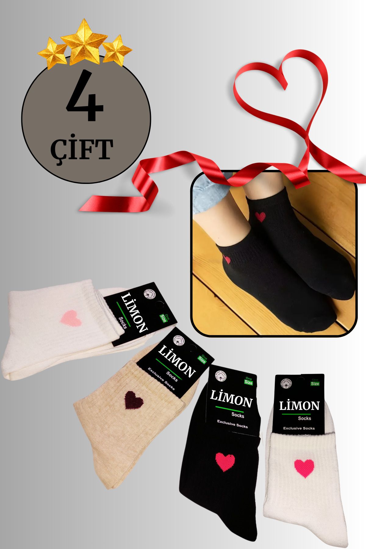 Limon Socks Kadın Çorap (4 Çift) Çocuk Çorabı Desenli Pamuklu Kısa Çorap