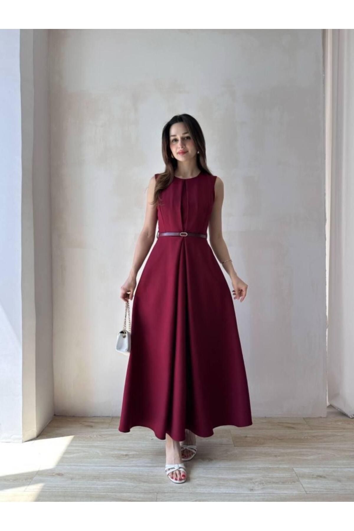 maf collection Kadın Bordo Bisiklet Yaka Sıfır Kol Kemer Detay Abiye Mezuniyet Elbisesi