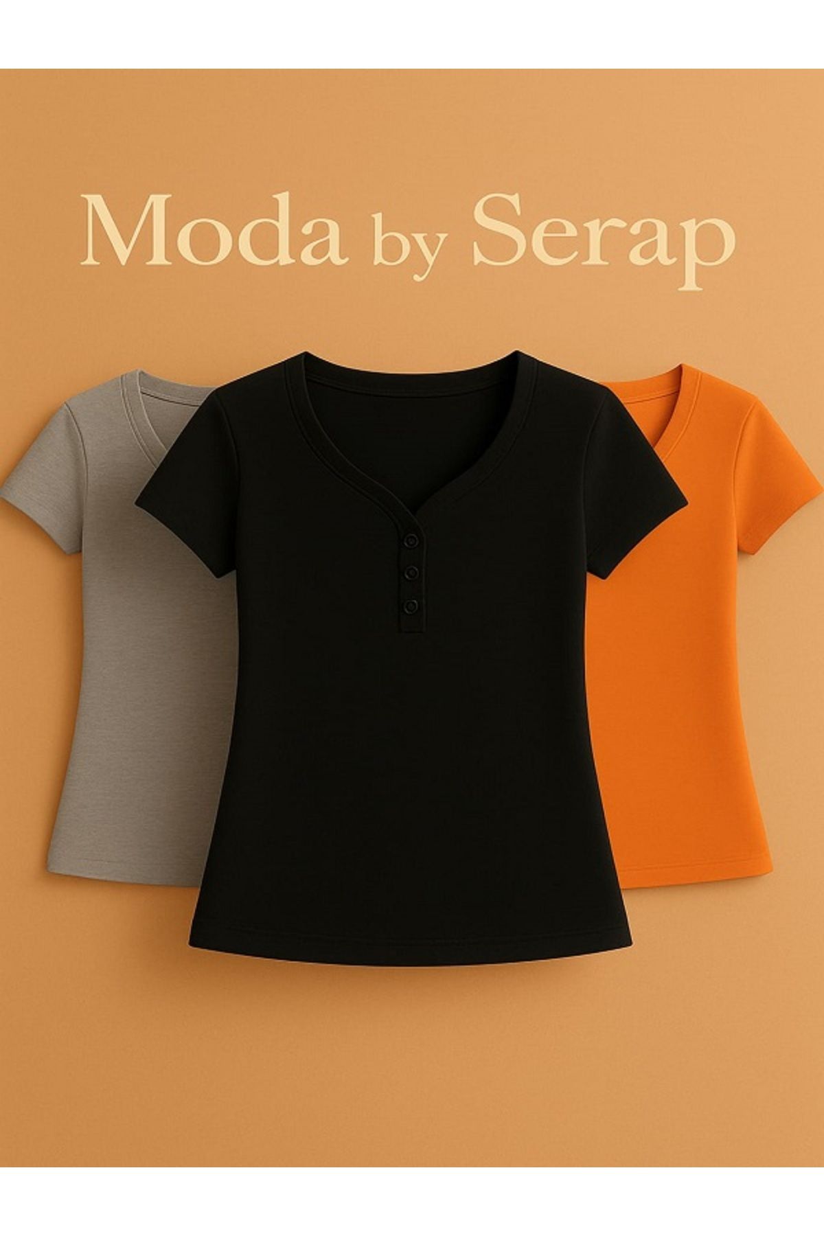 Butik ModaBySerap Düğme Detaylı Vücuda Oturan Tişört 3'lü (Turuncu,Siyah,Gri)