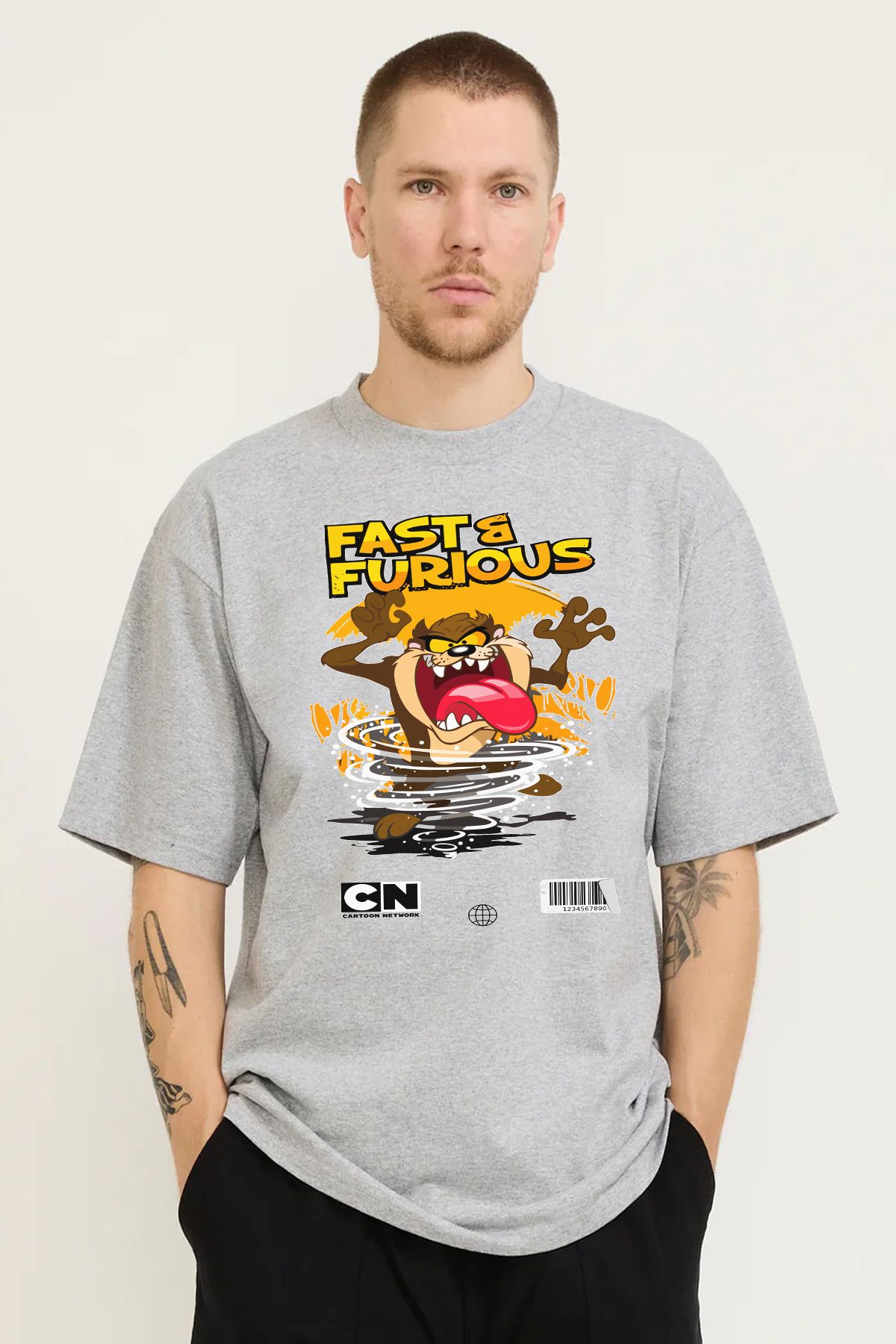MODA Tazmanya Canavarı Fast And Furious Baskılı Oversize Kalıp Grimelanj Bol Geniş Kesim Erkek Tişört