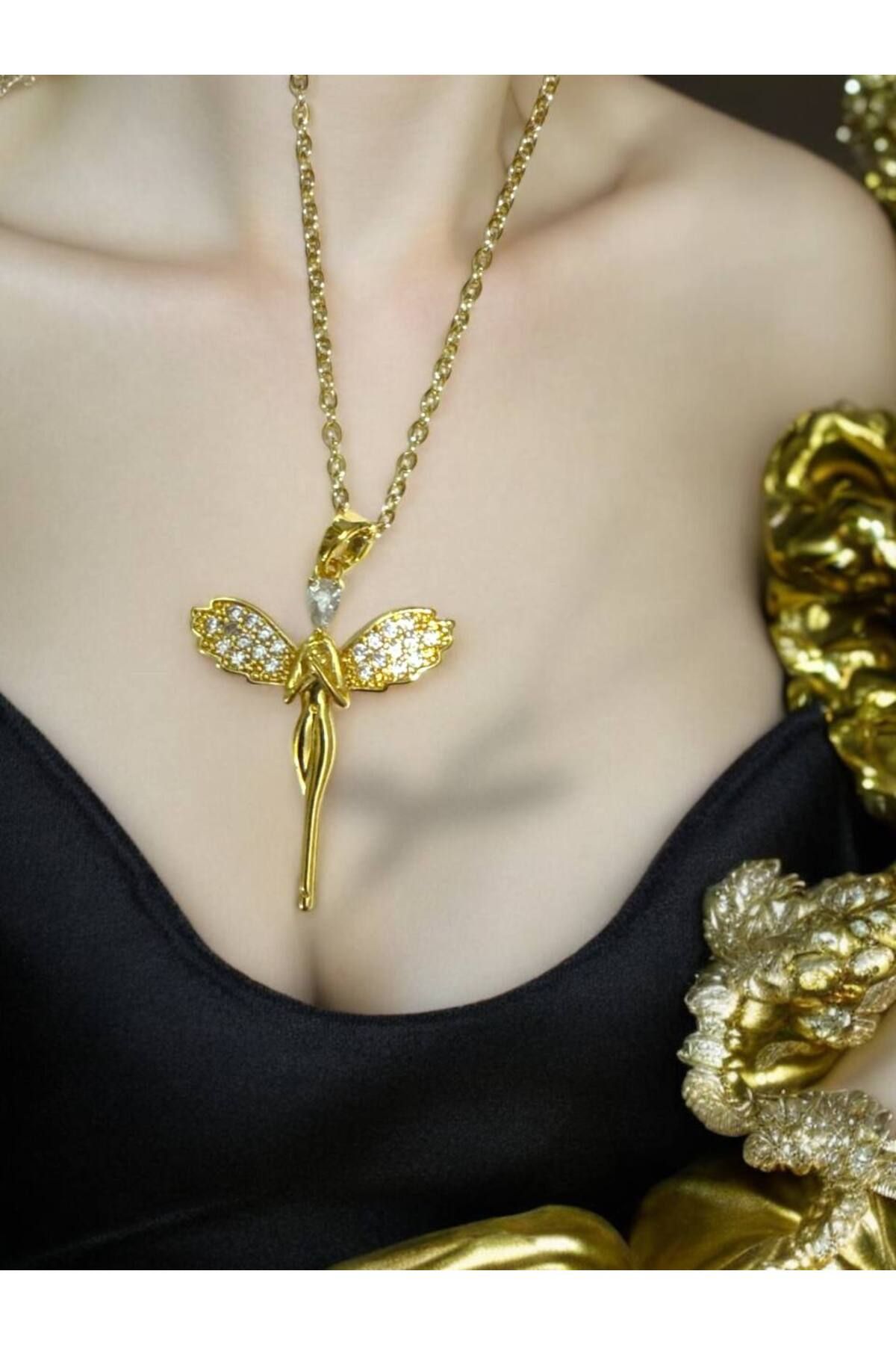 Herşey Nota Gold Renk Zirkon Taşlı Melek Model Kadın Kolye – 55 cm Paslanmaz Çelik, Zarif ve Anlamlı Tasarım