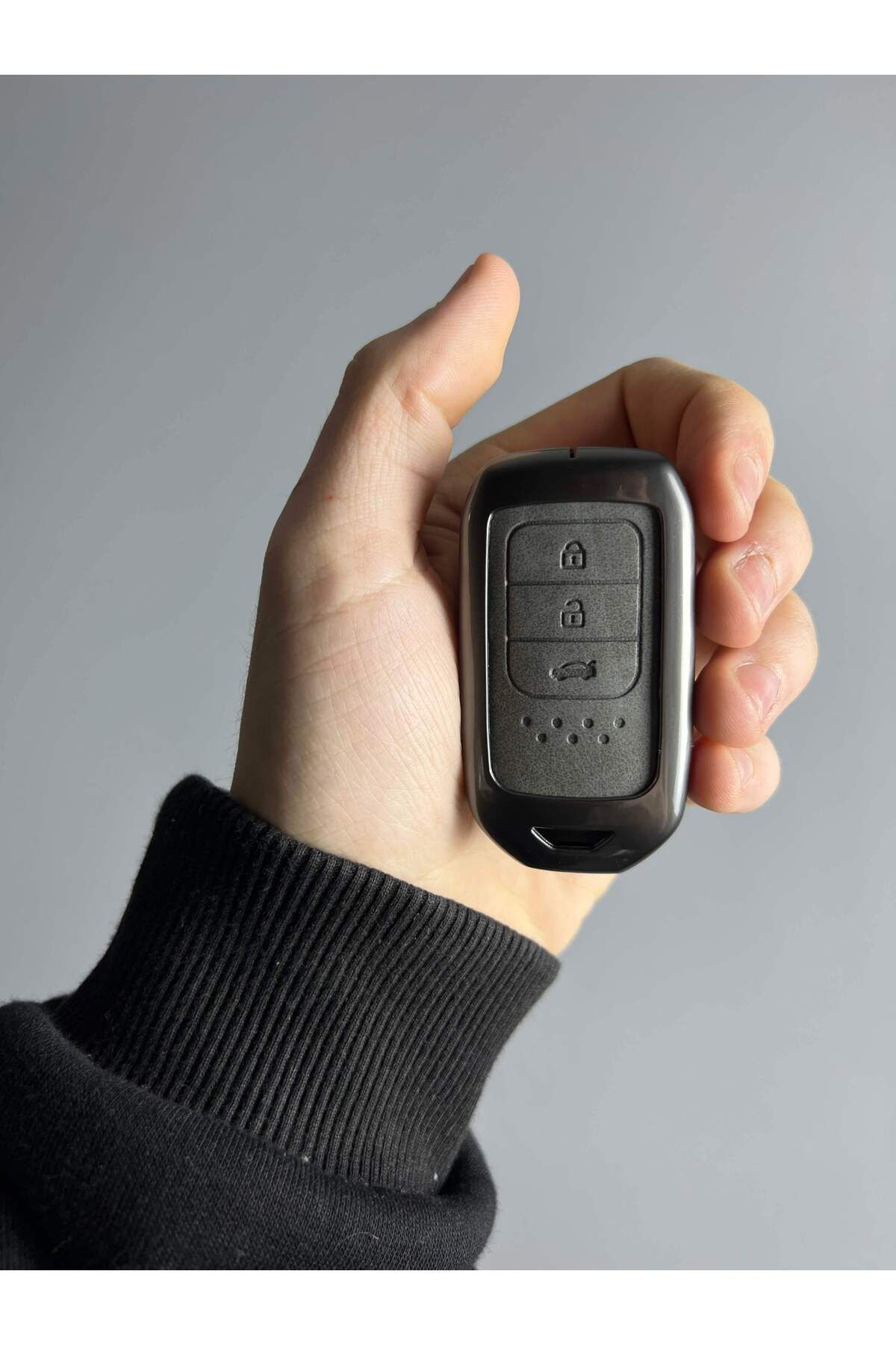 Mavi Keys Honda Civic, CR-V, City Smart Uyumlu 3 Düğmeli Deri Metal Anahtar Kumanda Koruma Kılıfı Gri Renk