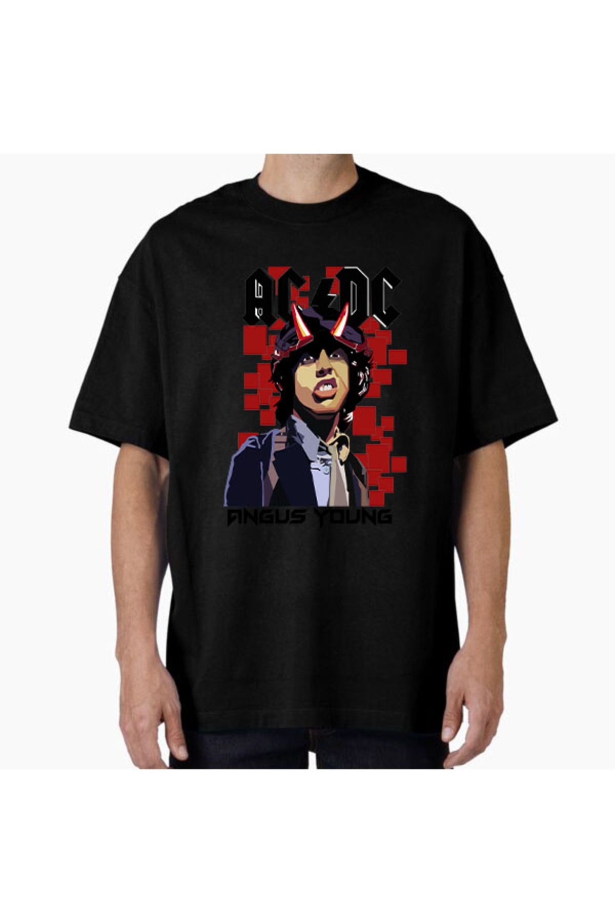 COMVİCHO Unisex ANGUSYOUNGACDC Tasarım Baskılı Oversize T-Shirt