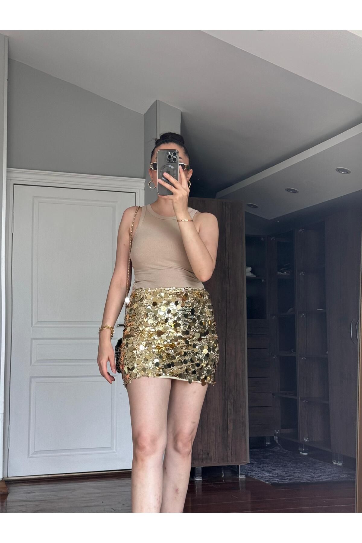 MODA %100 viskon kumaş,payet işlemeli astarlı mini etek