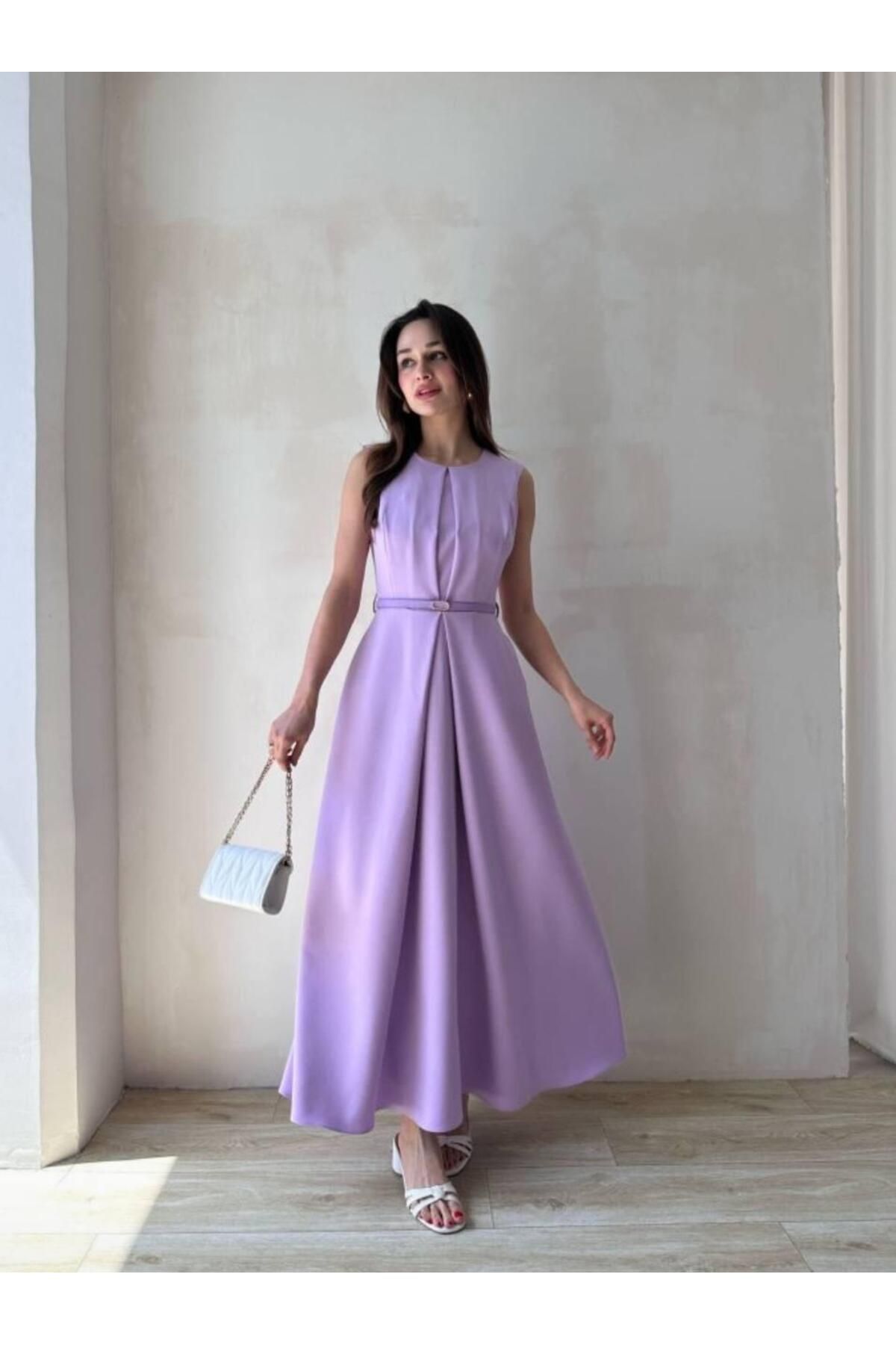 maf collection Kadın Mor Bisiklet Yaka Sıfır Kol Kemer Detay Abiye Mezuniyet Elbisesi