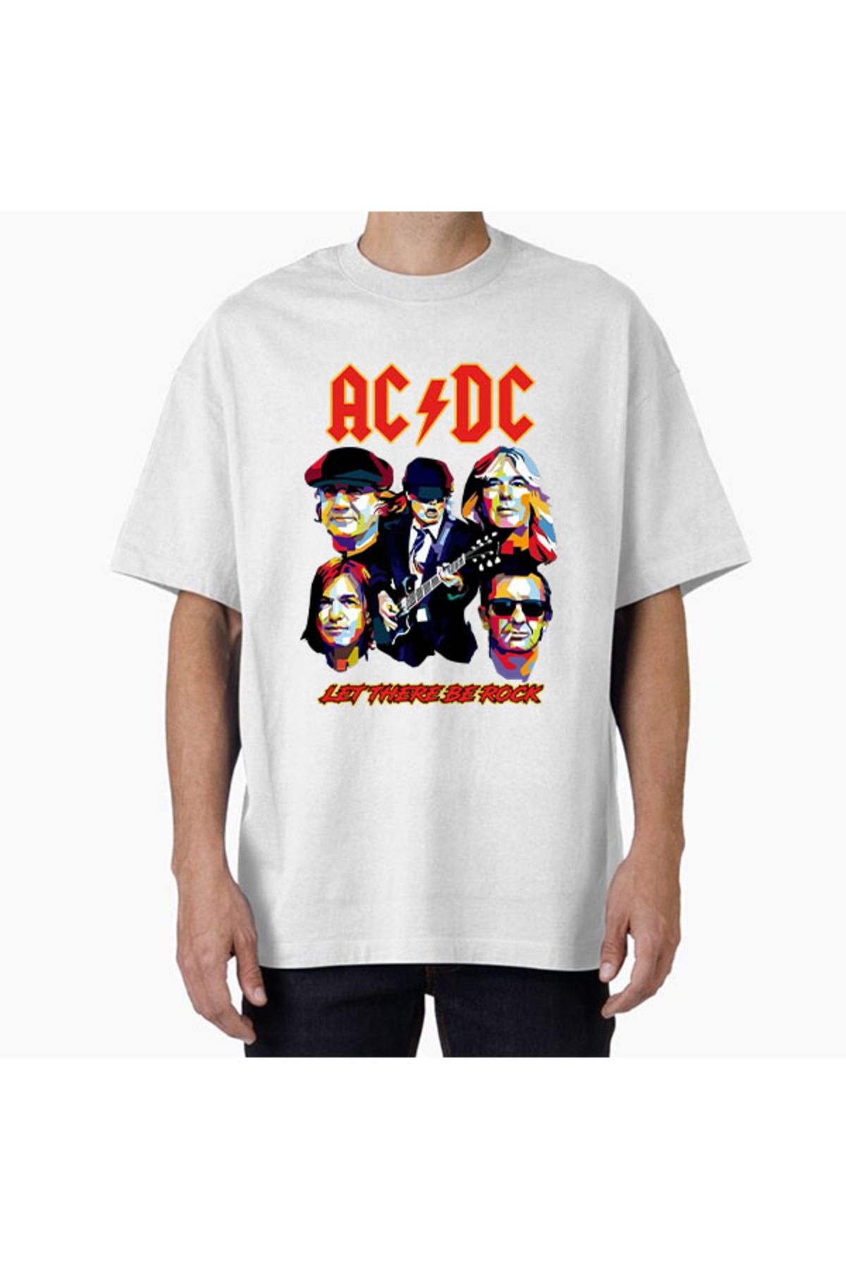 COMVİCHO Unisex ACDCLettherebeRock Tasarım Baskılı Oversize T-Shirt