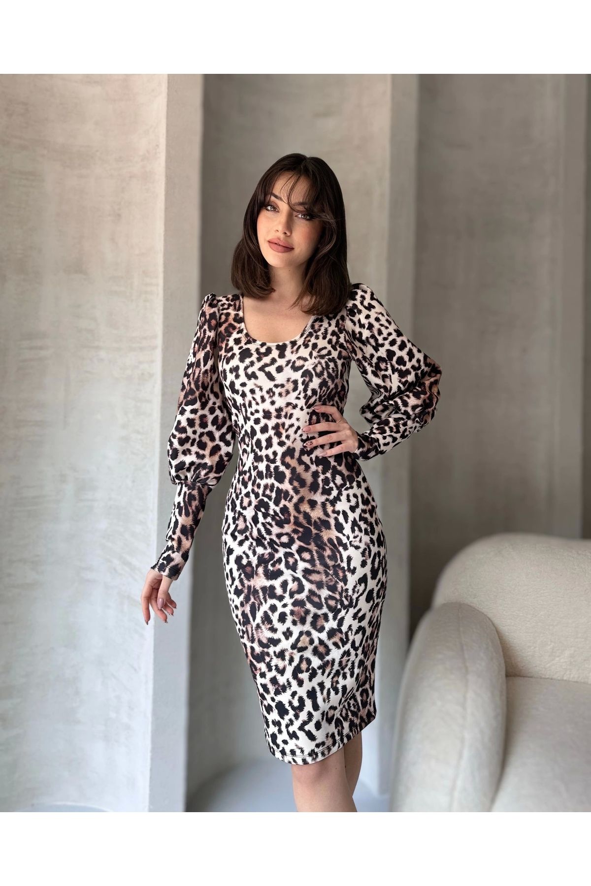 Nateli Leopar Desenli Midi Boy Elbise
