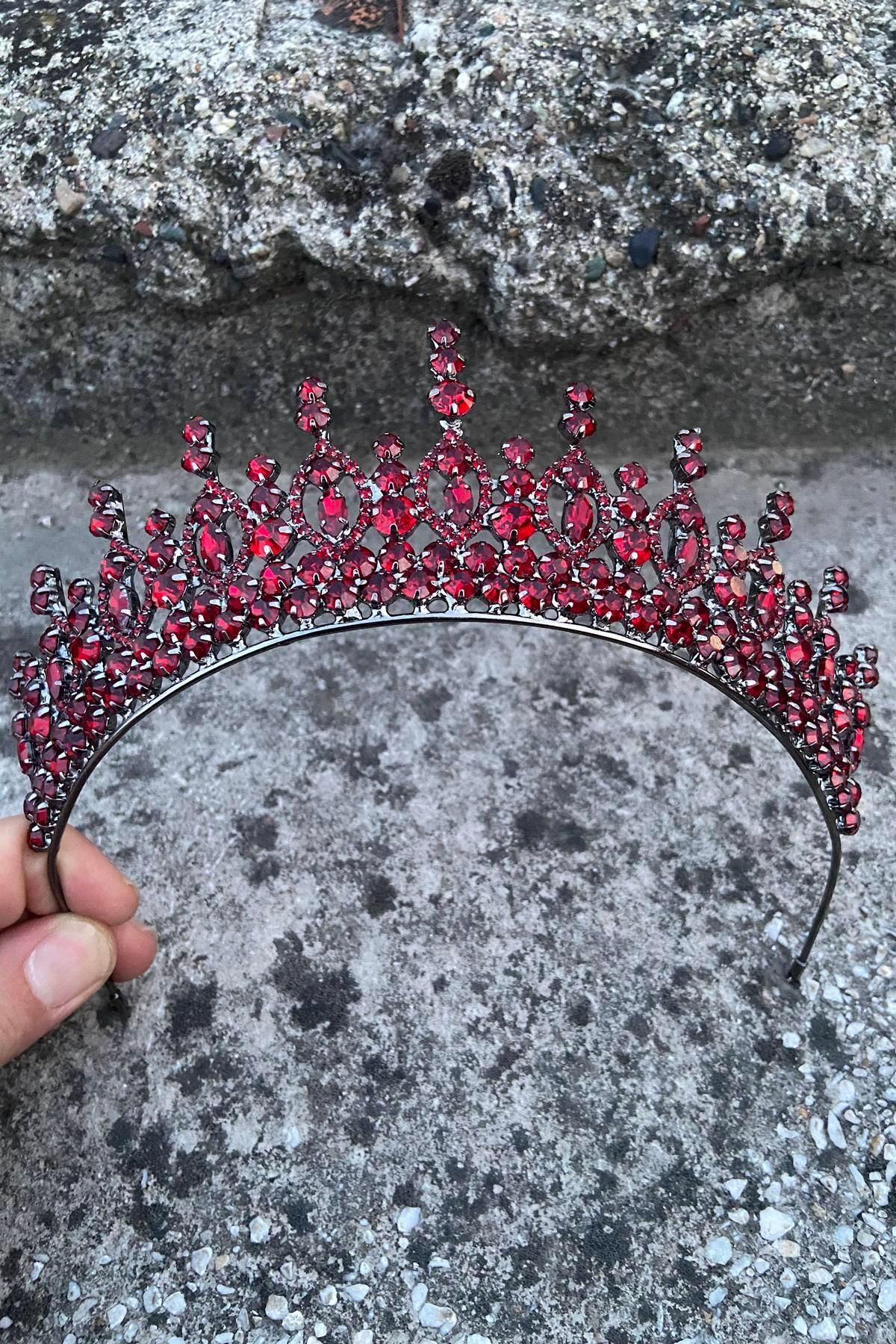 Hobigram-Abrienda Burgundy Bridal Henna Crown Special Occasion Accessory Women's Crown Hair Accessory – Crown, Crystal Stone 4