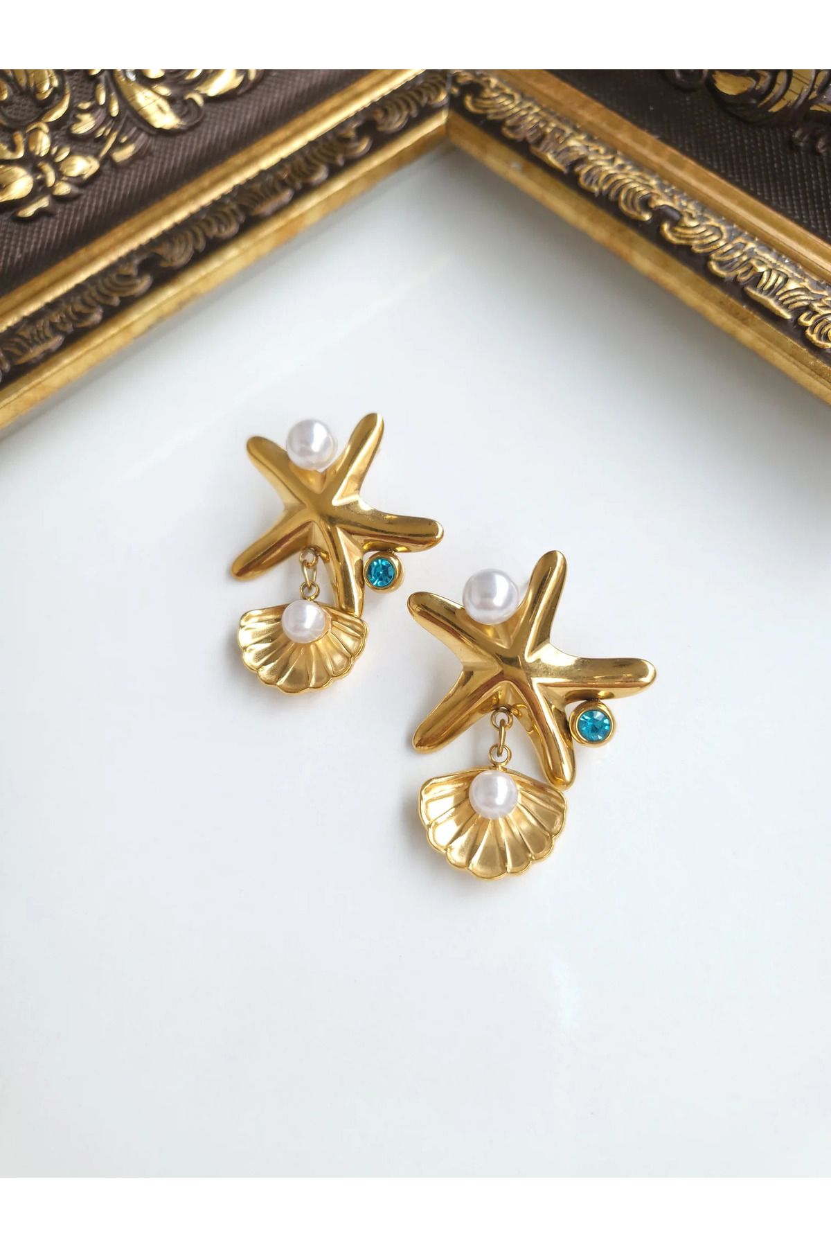1881 STORE Çelik Gold Fashion Beach İncili Küpe