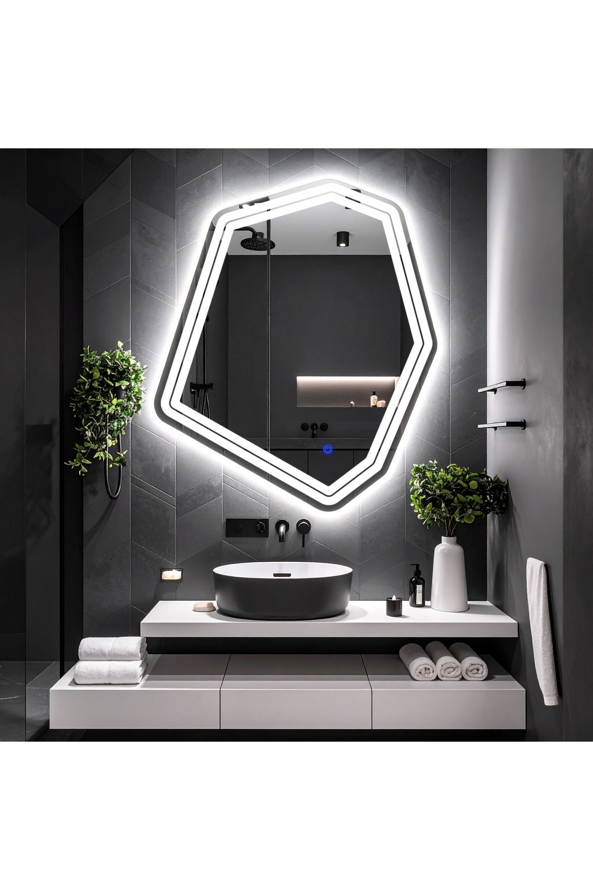 lumora mirror design Domira Beyaz Led'li Lazer Kumlamalı Lavabo & Banyo Aynası (Dokunmatik Sensörlü)