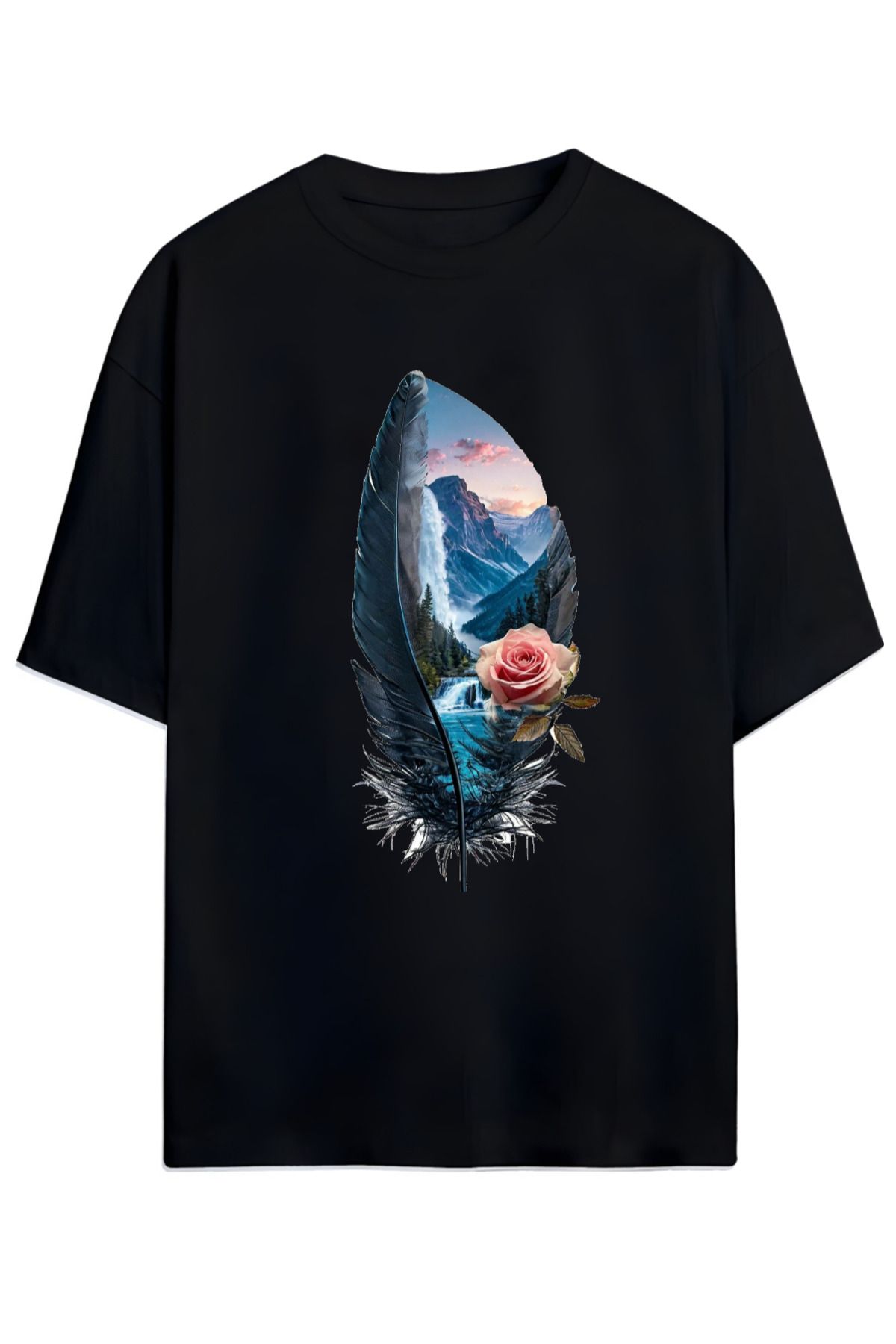 MAGORS Sanatsal Tüy Desenli Oversize Tişört (Artistic Feather Pattern Oversize T-shirt) (RELAXED KALIP)