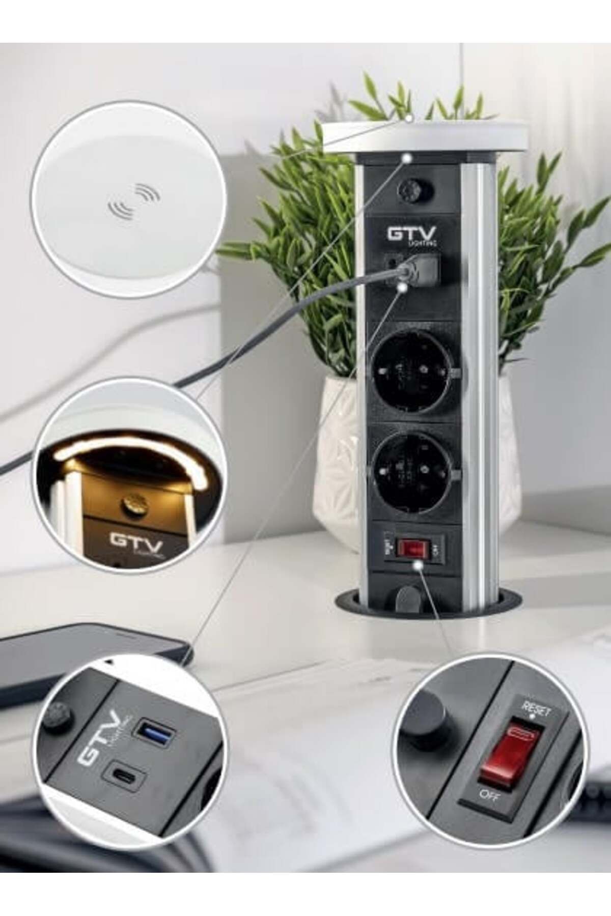 ANKRGRGTVN-Built-in tower socket, 2 schuko sockets, USB A+C, 10 W wireless charging, 1.5 m cable, white, GTV 6