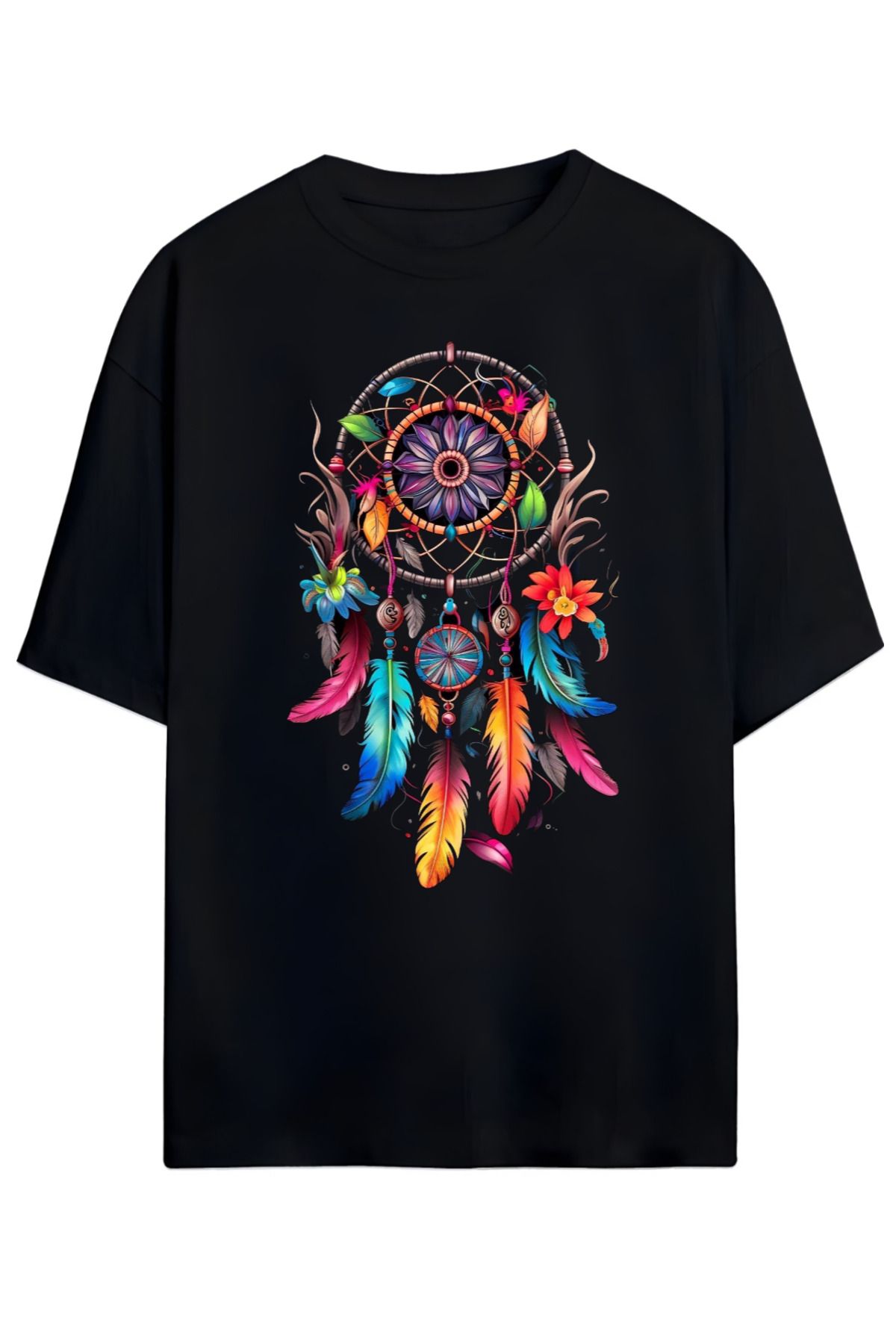 MAGORS Bohem Tarzı Dreamcatcher Siyah Tişört (Boho Style Dreamcatcher Black T-shirt)