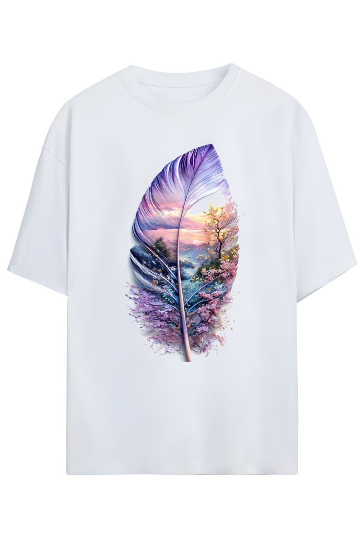 MAGORS Sanatsal Tüy Desenli Oversize Tişört (Artistic Feather Pattern Oversize T-shirt) (RELAXED KALIP)