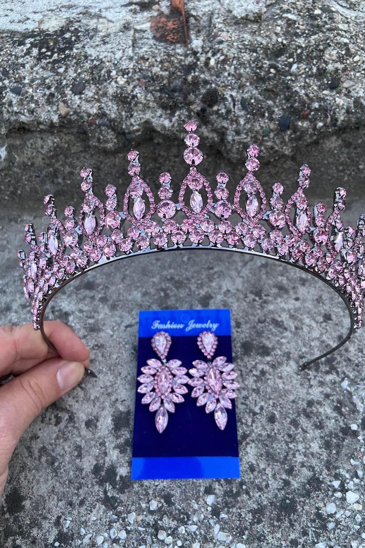 Hobigram Abrienda Pembe Gelin Kına Tacı Özel Gün Aksesuar Kadın Taç Ve İnce Mekik Küpe Takımı