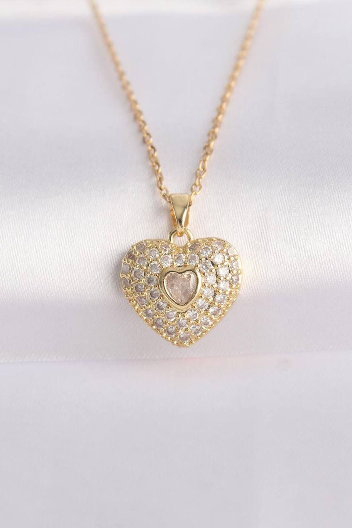 Herşey Nota Gold Renk Zirkon Taşlı Kalp Kolye – 55 cm Paslanmaz Çelik Kadın Kolye