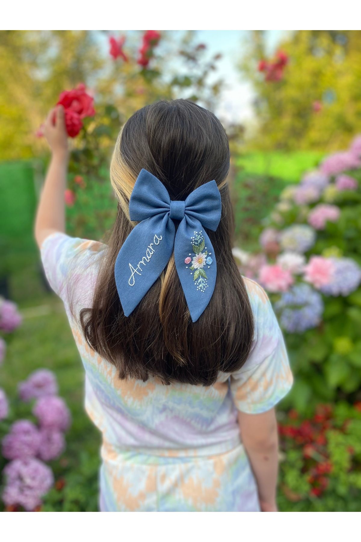 Colorfullkidss Kişiye Özel El Yapımı İsimli & Çiçek Nakışlı Kumaş Fiyonk Toka - Kadın Saç Aksesuarı