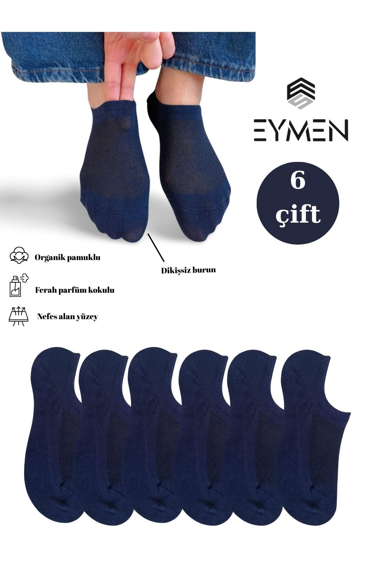 Eymen Socks 6 Çift Unisex Organik Pamuklu Dikişsiz Sneakers Çorap Lacivert