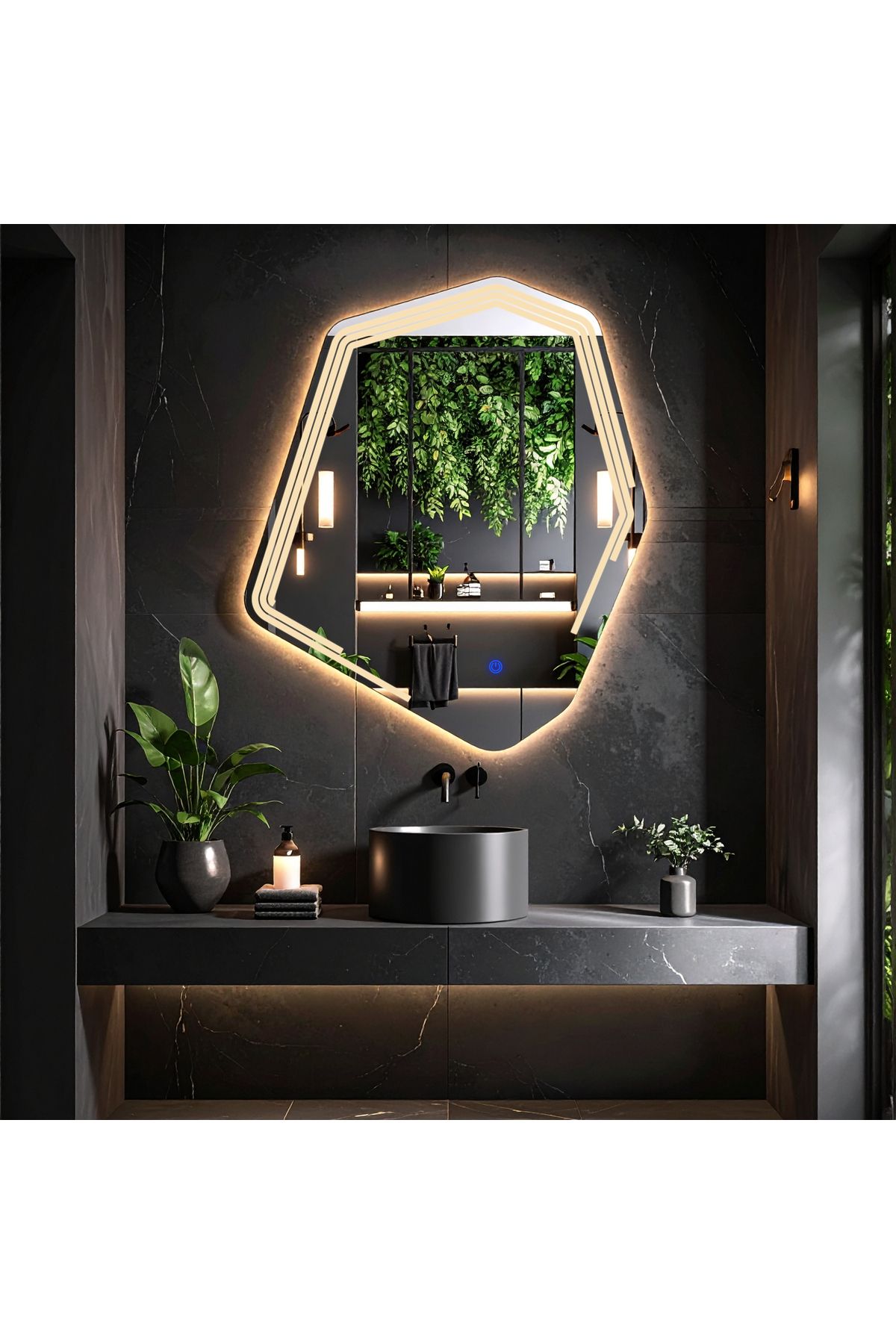 lumora mirror design Myrella Günışığı Led'li Lazer Kumlamalı Lavabo & Banyo Aynası (Dokunmatik Sensörlü)