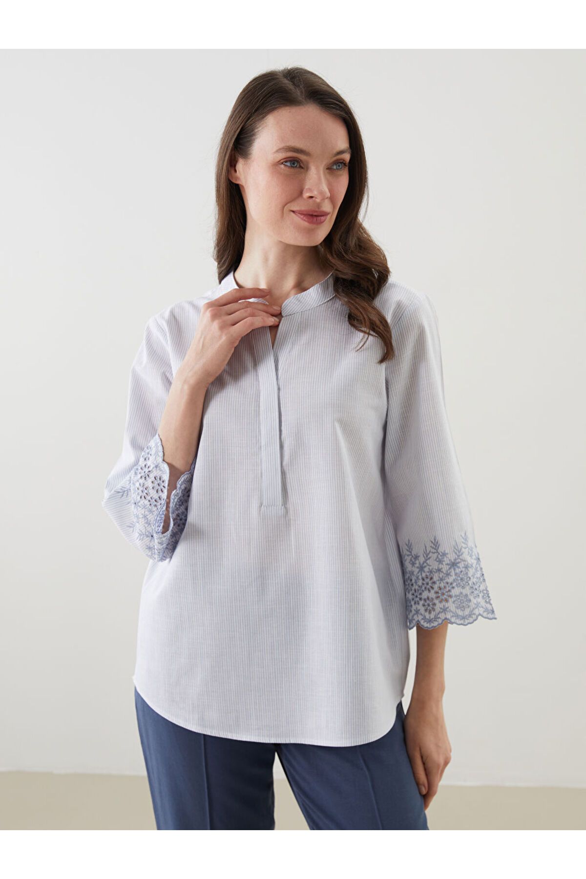 LC Waikiki LCW Grace Indigo Kaçık Yaka Çizgili Bluz S5MG53Z8NVY25