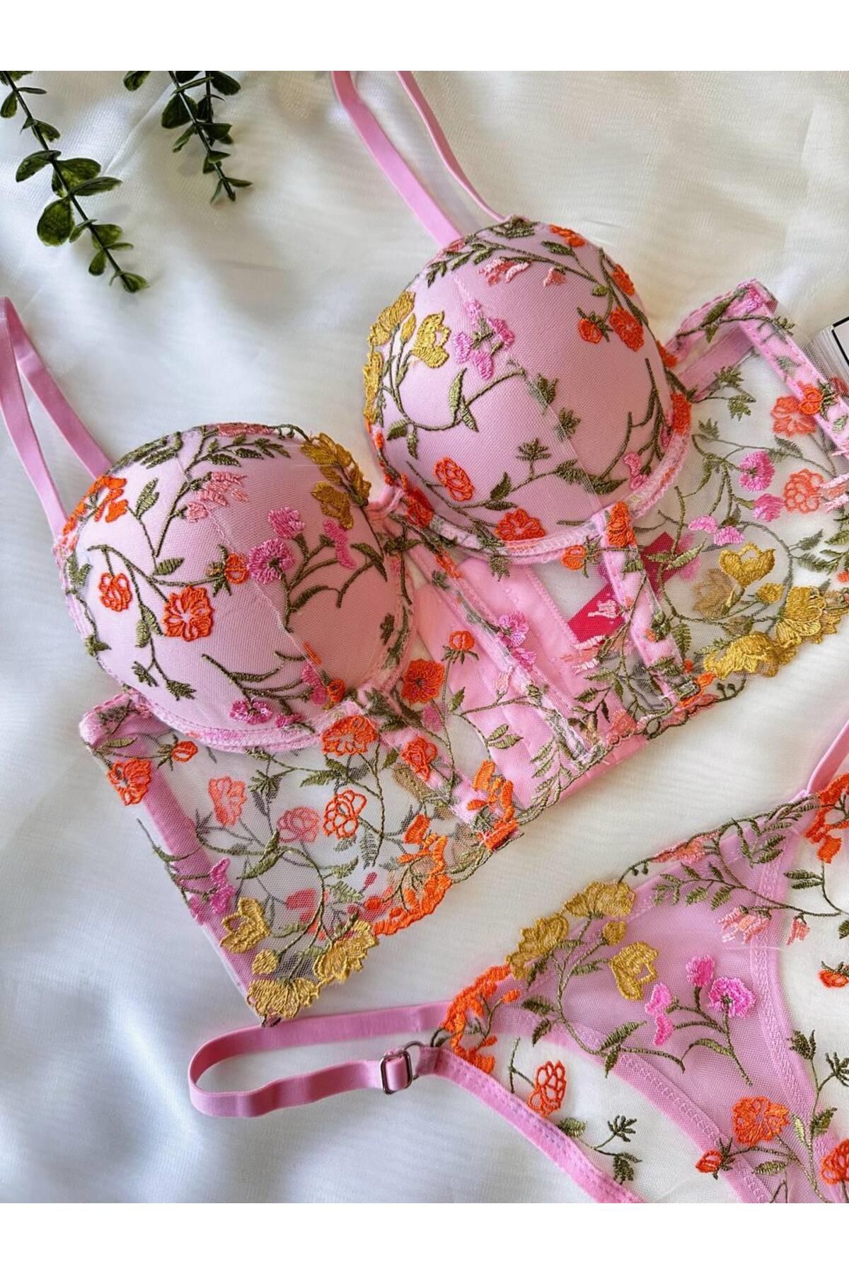 Findit Özel Tasarım Pembe Dantel İşlemeli Çiçek Desenli Destekli Bralet Takımı