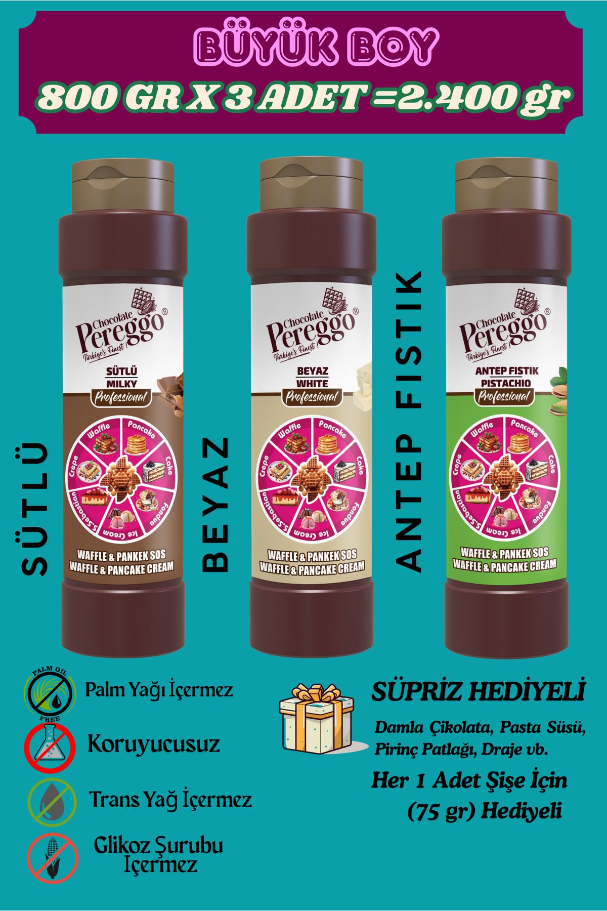 PEREGGO CHOCOLATE 3'Lü Set Waffle,Pankek,Krep,San Sebastian, Kruvasan, Fondü Sos 3x800gr (Sütlü,Beyaz, A.Fıstık)