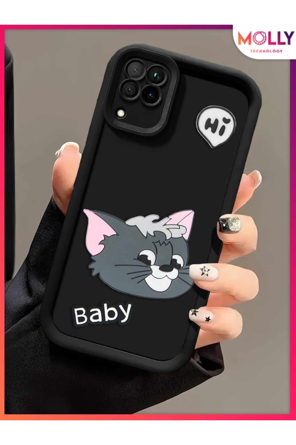 Molly Samsung Galaxy M22 İçin Siyah Kenarları Kalın 3d Kabartmalı Baby Tom Silikon Kılıf