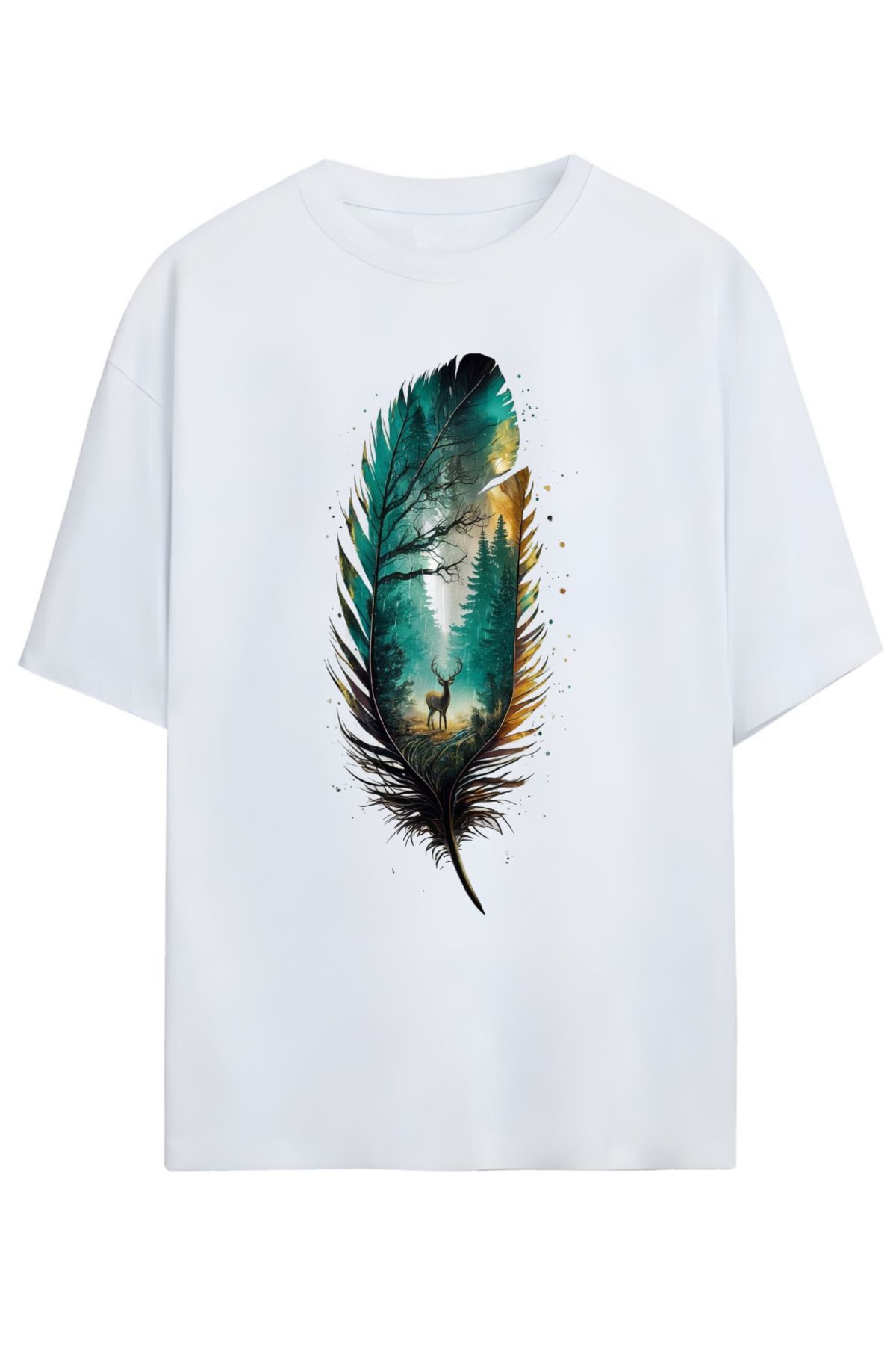 MAGORS Sanatsal Tüy Desenli Oversize Tişört (Artistic Feather Pattern Oversize T-shirt) (RELAXED KALIP)