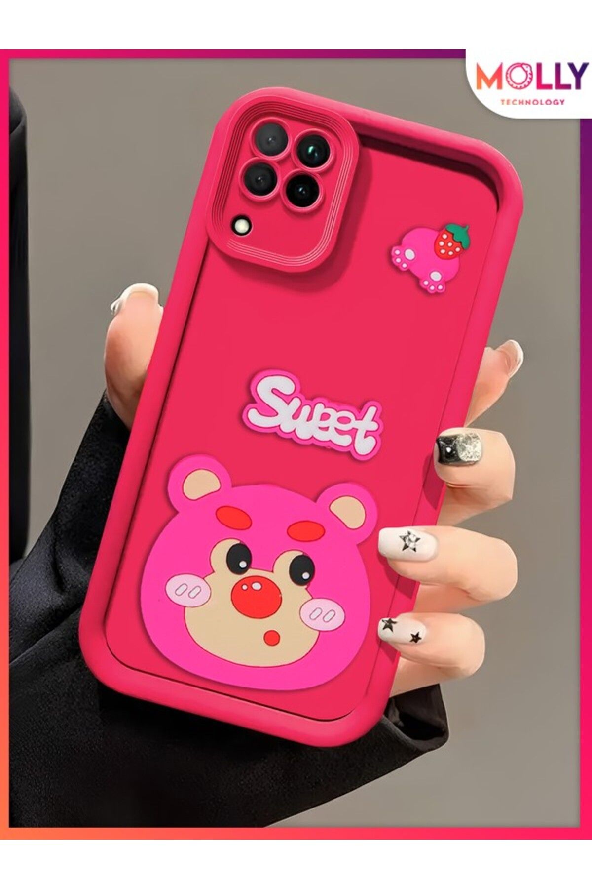 Molly Huawei P40 Lite İçin Magenta Kenarları Kalın 3d Kabartmalı Çilek Ayı Silikon Kılıf