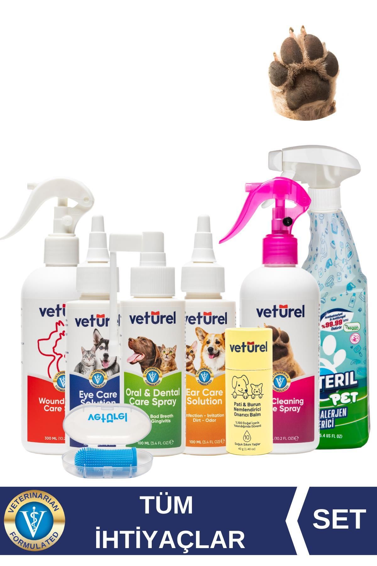 Veturel %100 Doğal Kedi Köpek Diş Fırçalı Sağlık Seti Pati Balm Ağız Göz Kulak Yara Bakımı Çiş Koku Giderici