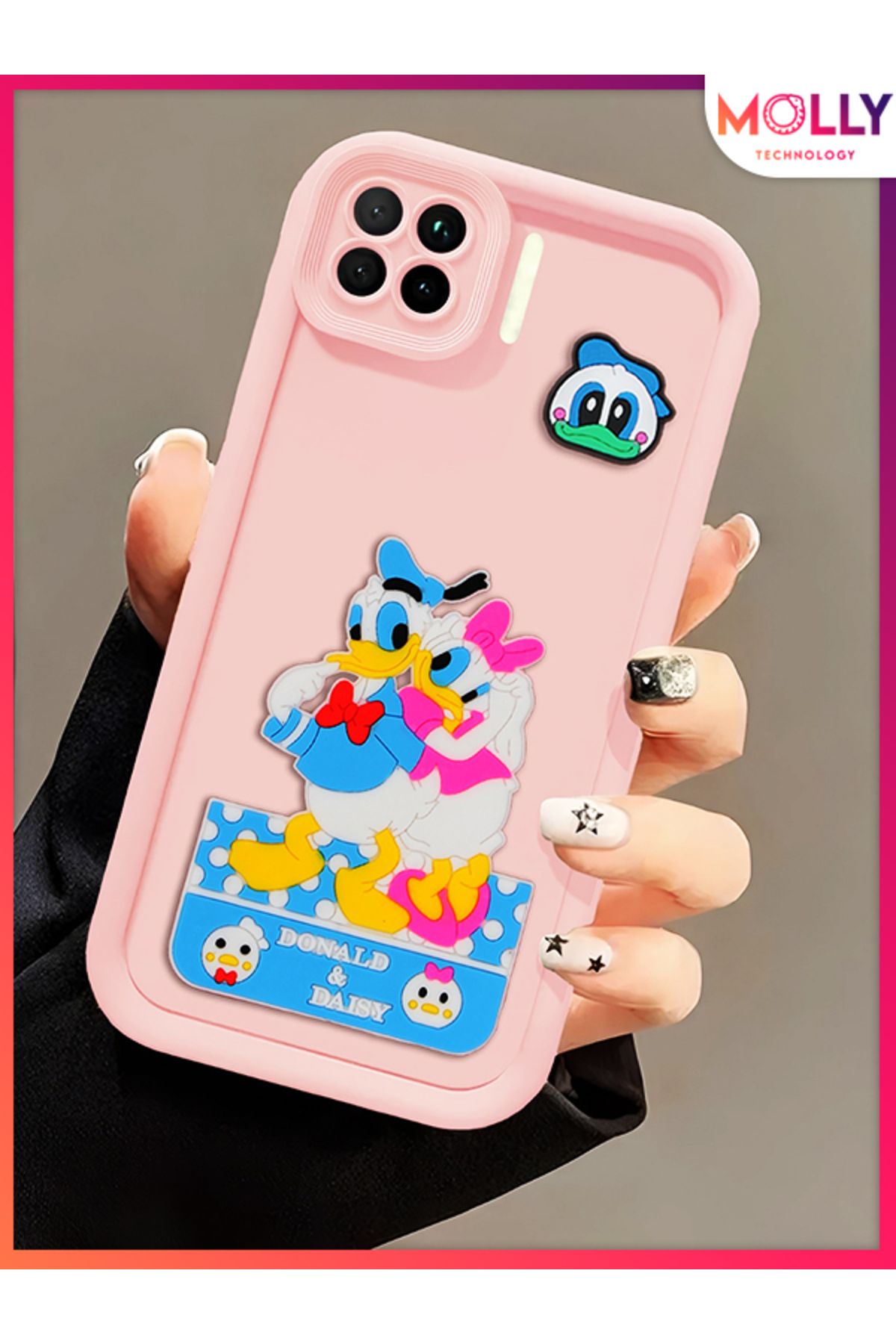 Molly Oppo Reno 4 Lite İçin Kum Pembesi Kenarları Kalın 3d Kabartmalı Donald Daisy Silikon Kılıf