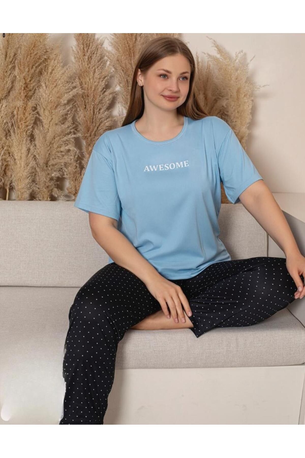 Sude Charme Kadın Büyük Beden Bisiklet Yaka MİLAN Likralı Kısa Kol Pijama Takımı K601/249 - 1 Adet