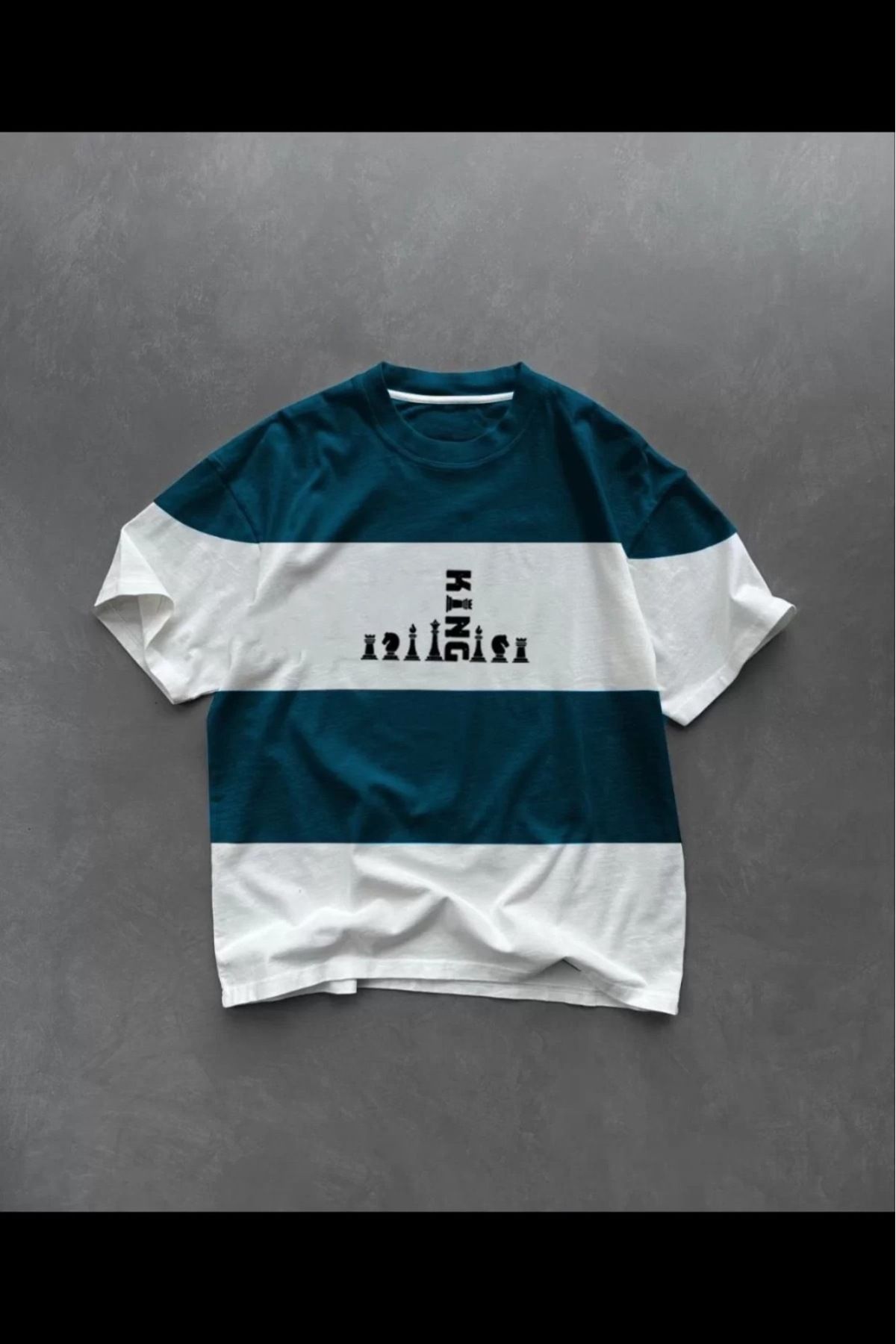 cakır and moniva Bisiklet Yaka King Yazılı Satranç Taşı Baskılı Parçalı Oversize Erkek T-Shirt
