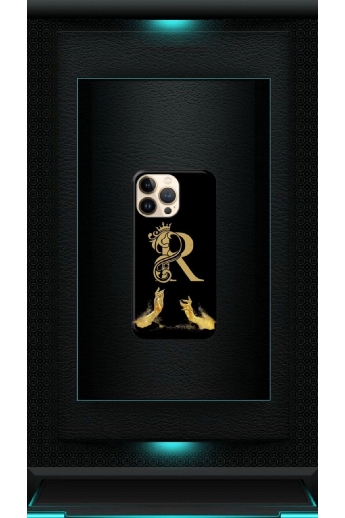 cover shopp Siyah Desenli Gold R Harfi IP 13 Pro