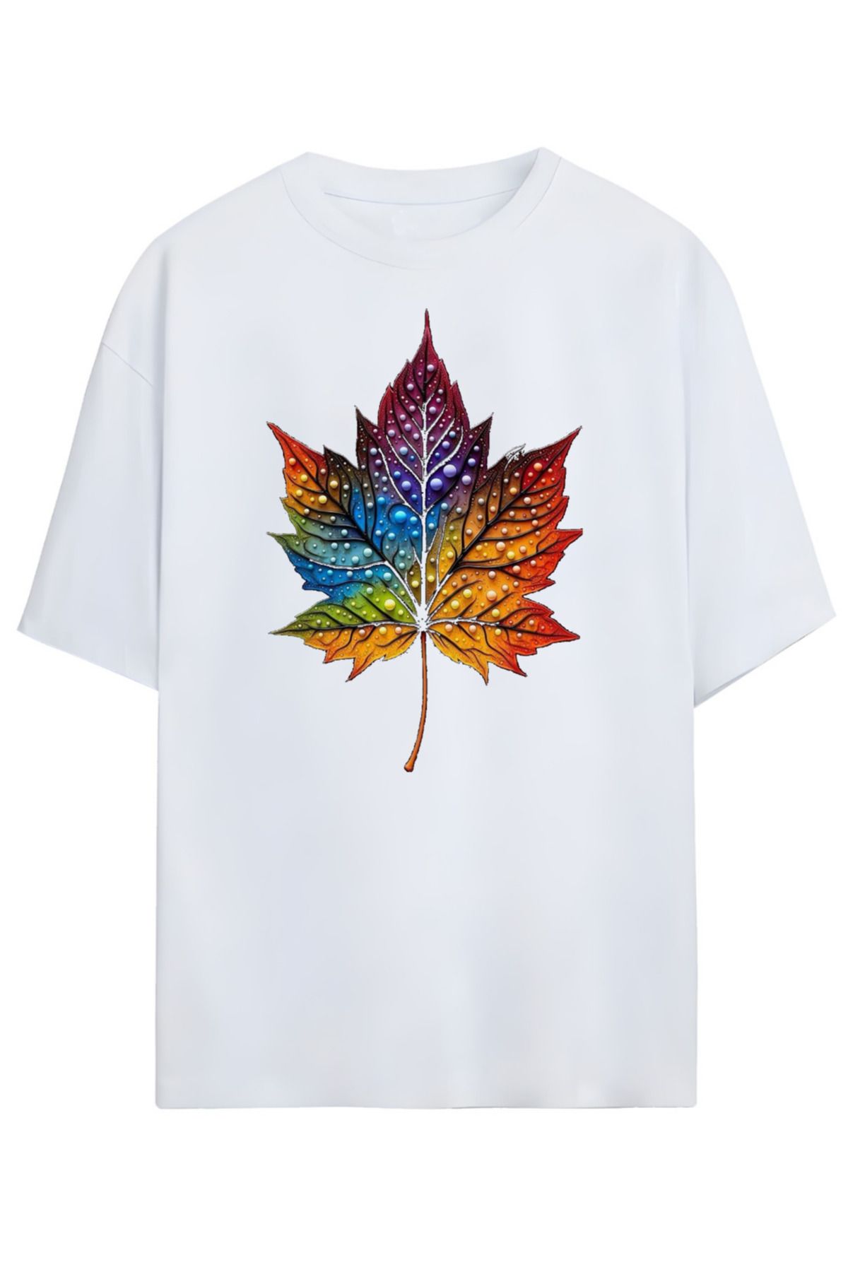 MAGORS Canlı Renklerde Yaprak Desenli Oversize Tişört (Vibrant Colored Leaf Pattern Relaxed T-shirt)