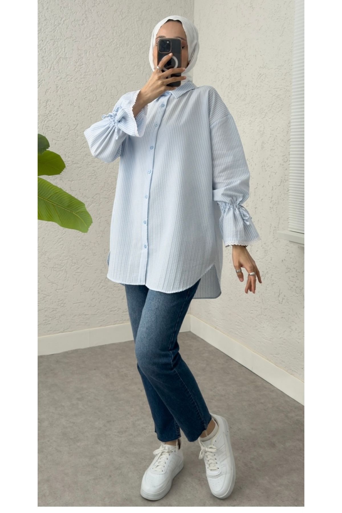 MODA Çizgili kolları dantel detay tesettür gömlek