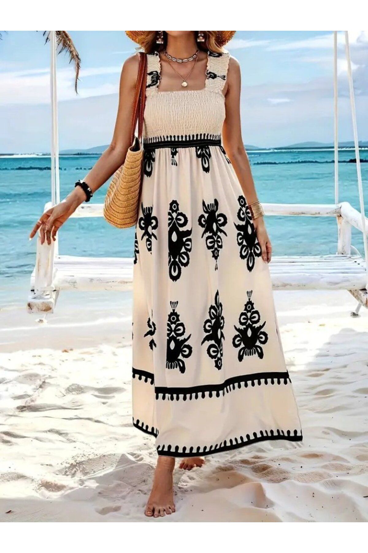 Monapera Askılı Kare Yaka Gipeli Desenli Maxi Boy Elbise