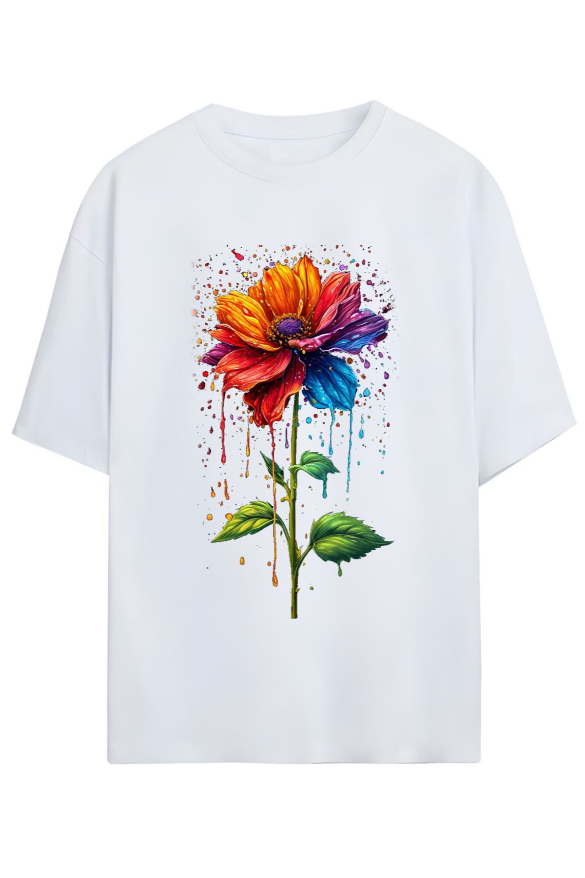 MAGORS Modern Sanat Çiçek Tasarımlı Tişört (Modern Art Flower Pattern Oversize T-shirt)