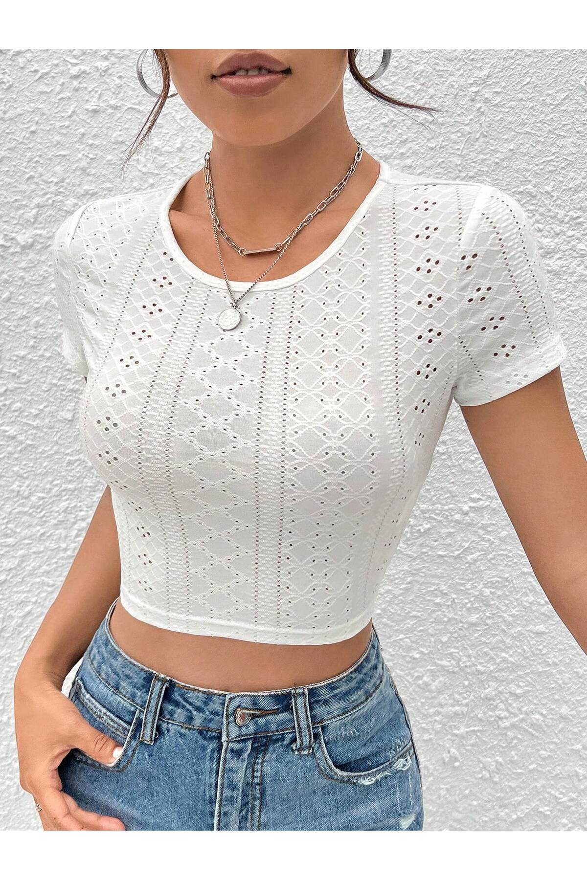 Wild Flower  Beyaz Belden Bağlamalı Kısa Kollu Crop Bluz - Görsel 3