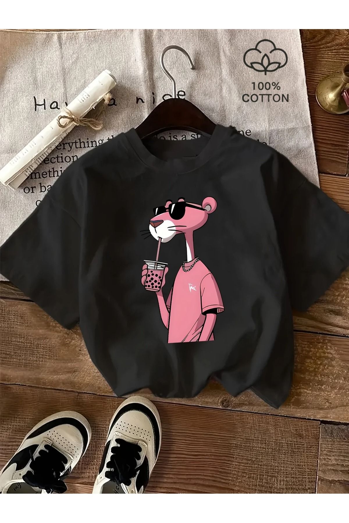 Massgai Unisex Pink Pembe Panter Baskılı Oversize %100 Pamuk T-shirt