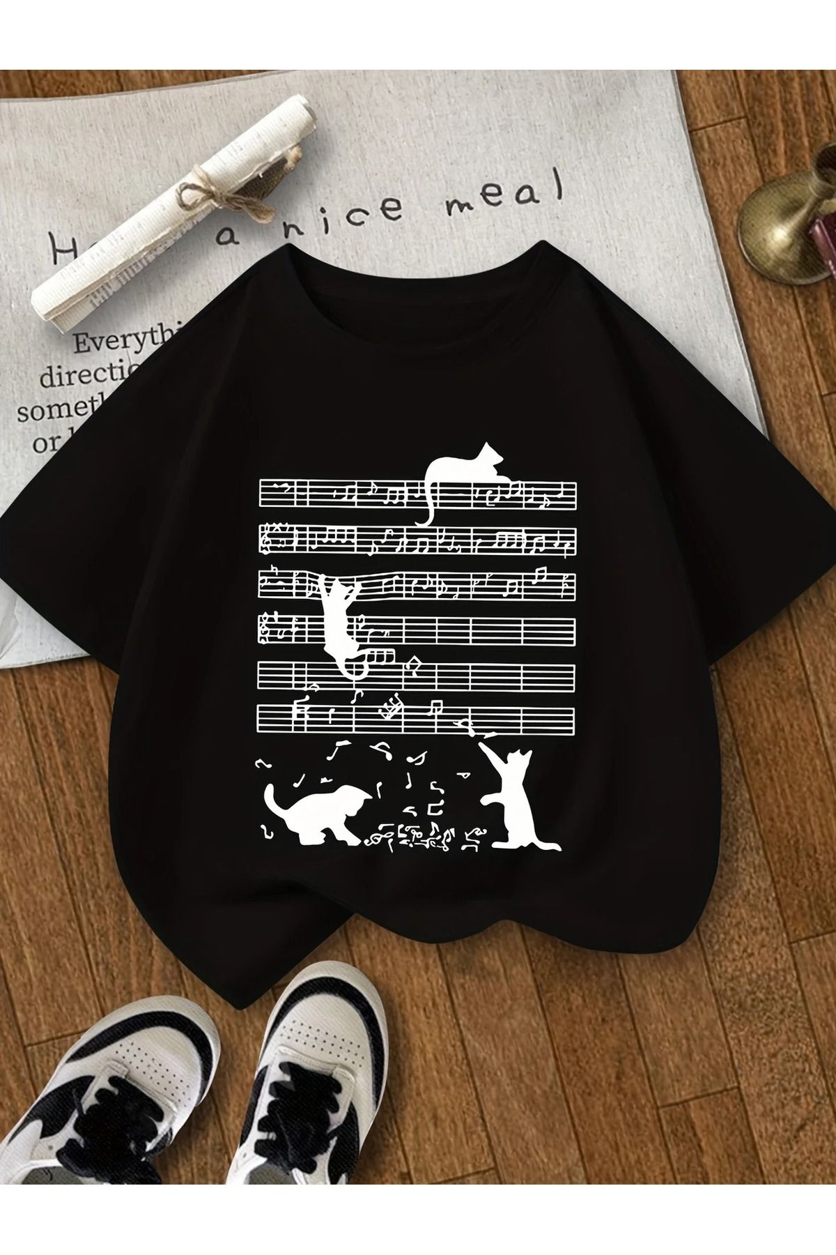 Massgai Unisex Cat Kedi Müzik Notalar Baskılı Oversize %100 Pamuk T-shirt
